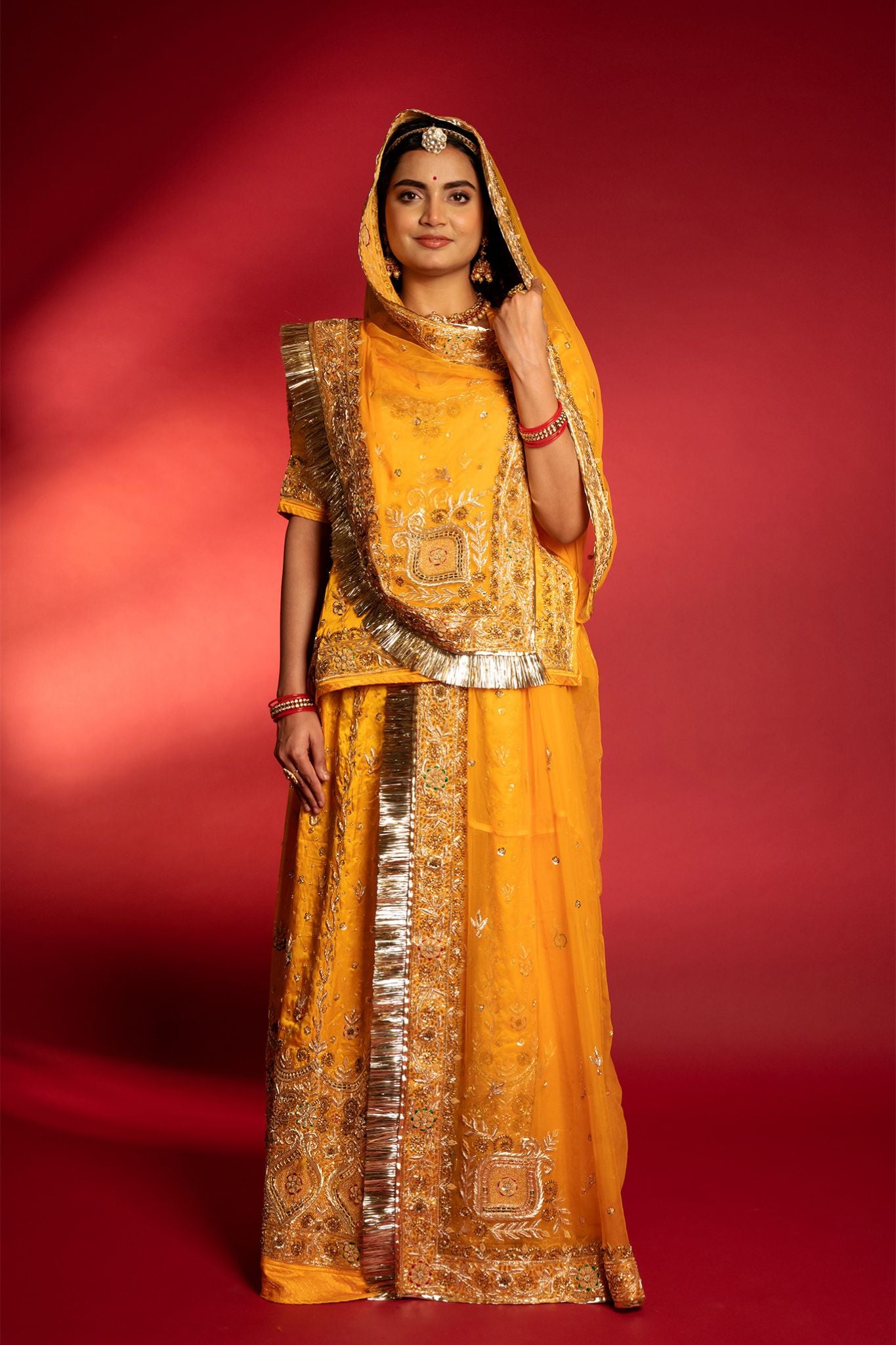 Yellow Pure Silk Satin aari zardozi handwork Rajputi Poshak  with Pure odhna