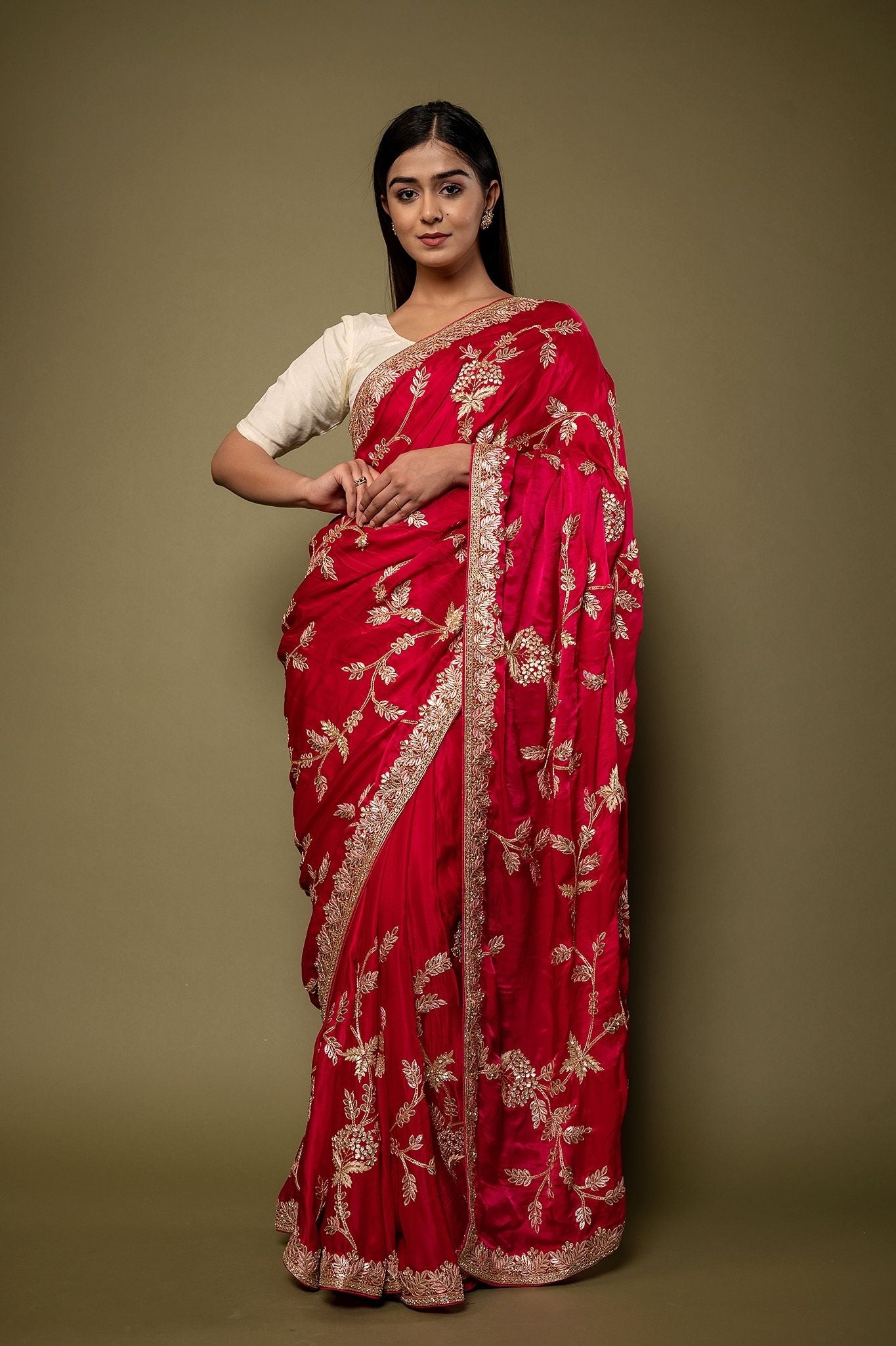 Red Pure Silk Satin aari gotta parti border butti jaal handwork saree
