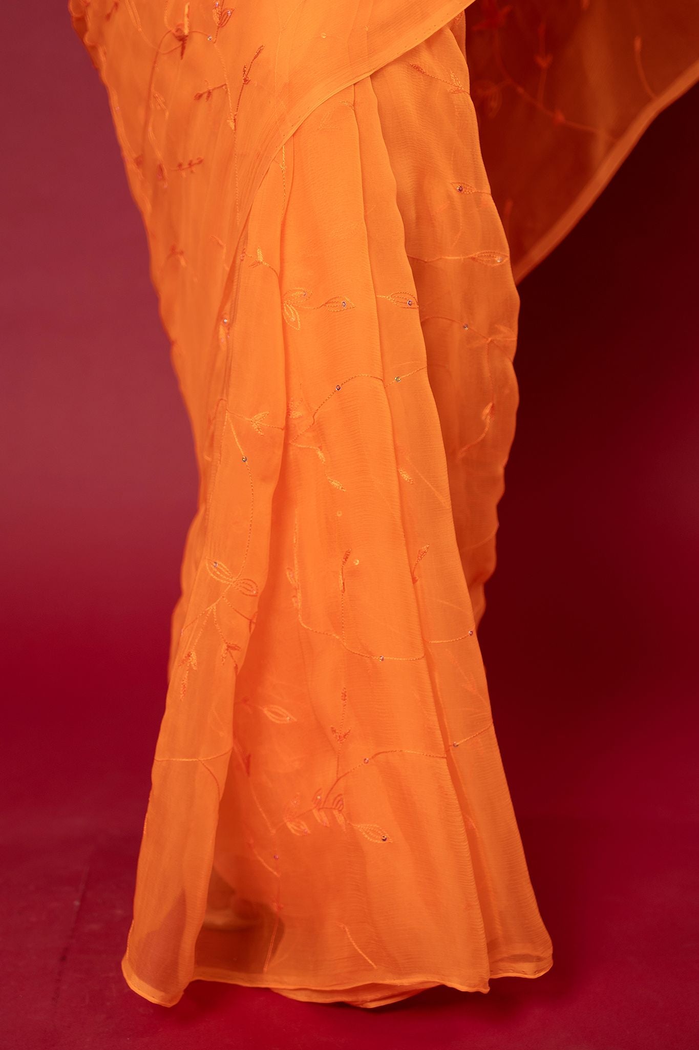 Orange viscose chiffon Resham Sequins jaal handwork casual wear saree