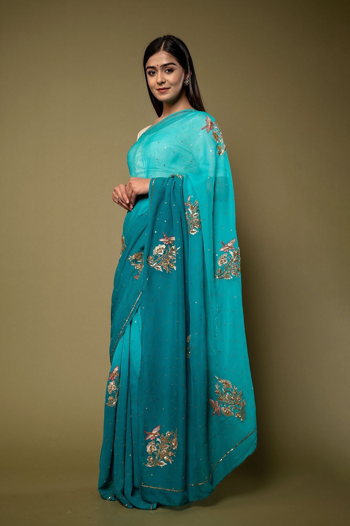 Rama Blue Light dark Pure Chiffon sequins  motif  handwork saree