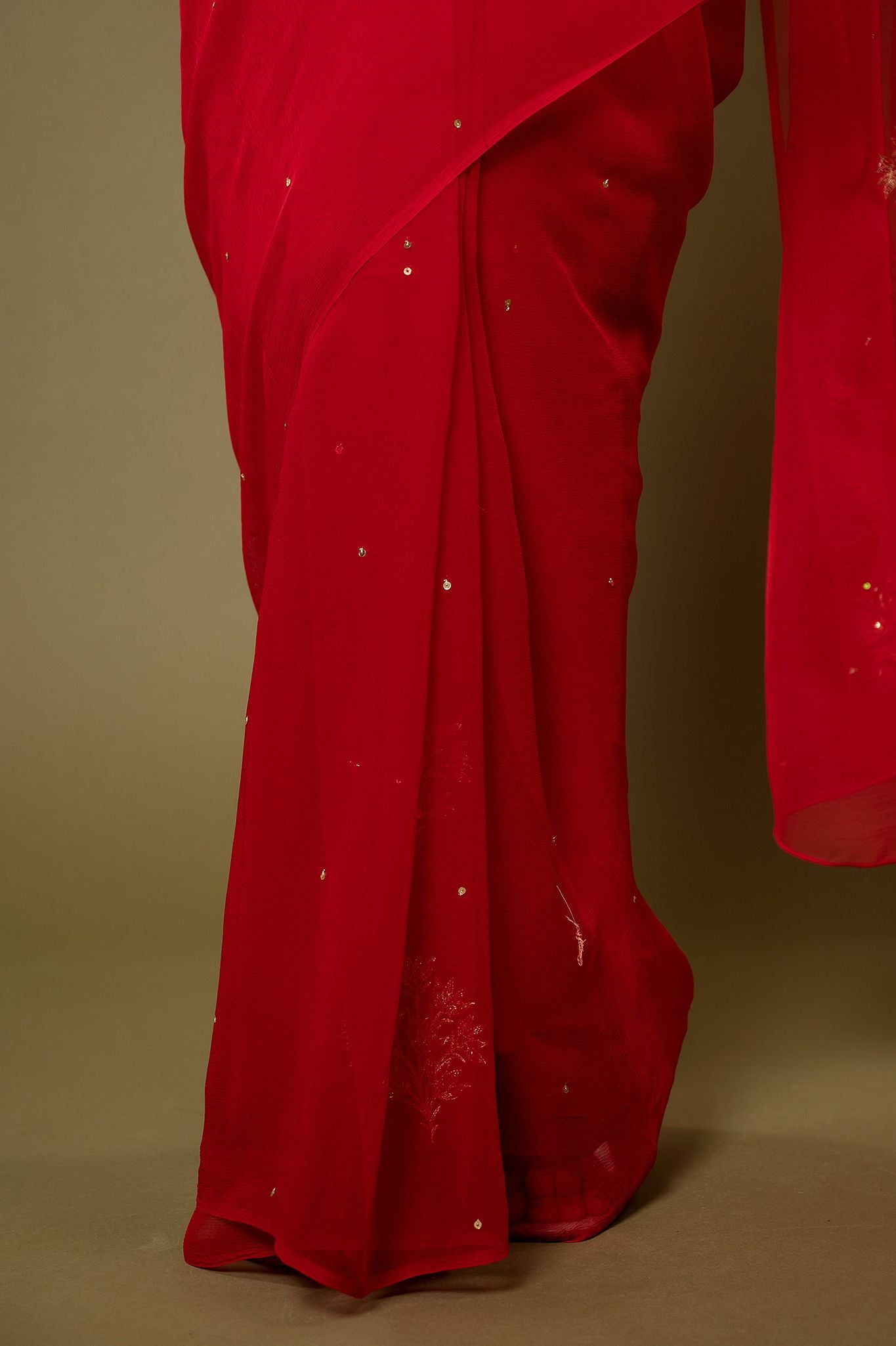 Red viscose chiffon aari sequins motif handwork casual wear saree