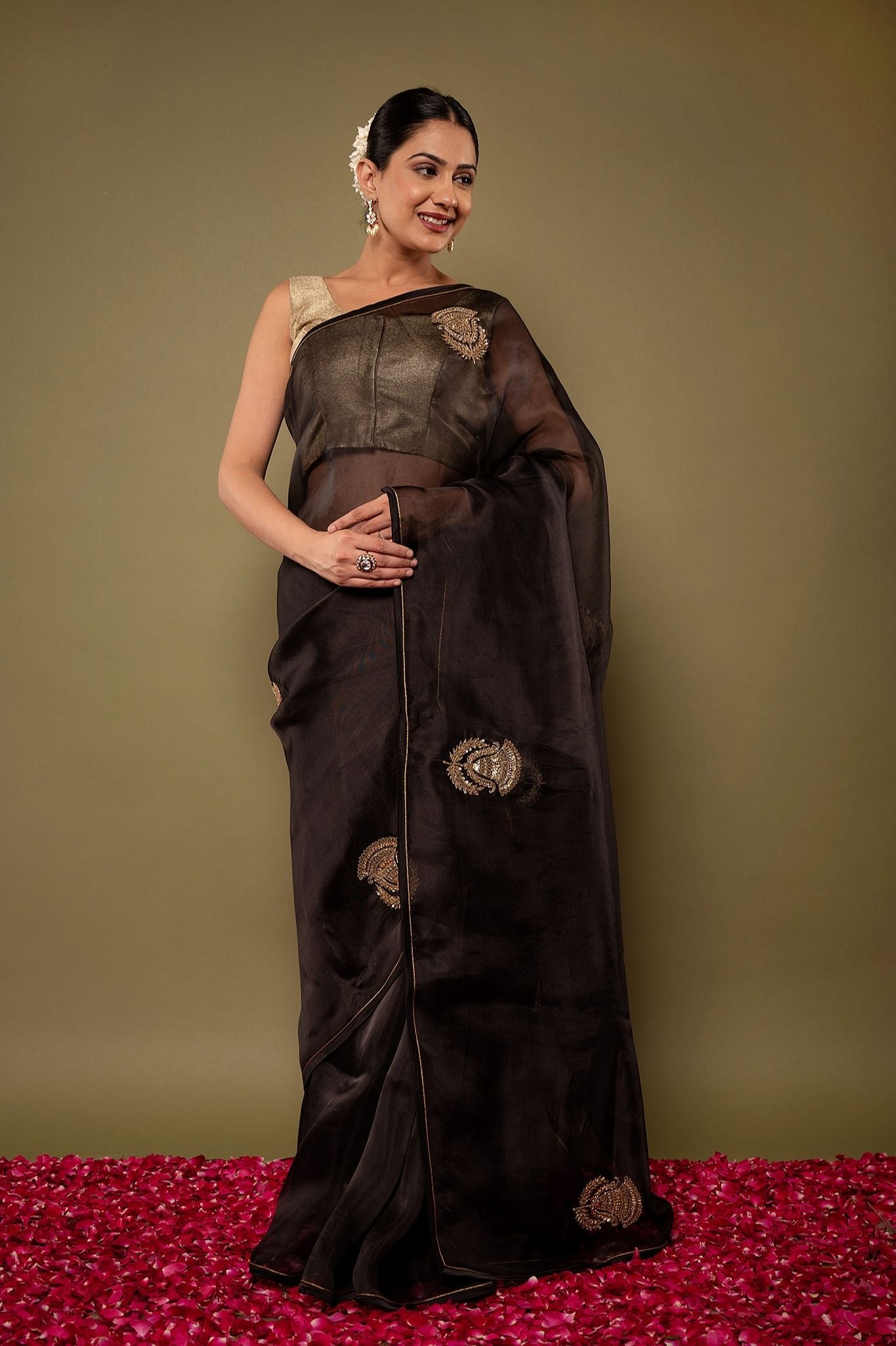 Black pure organza zardozi motif handwork saree