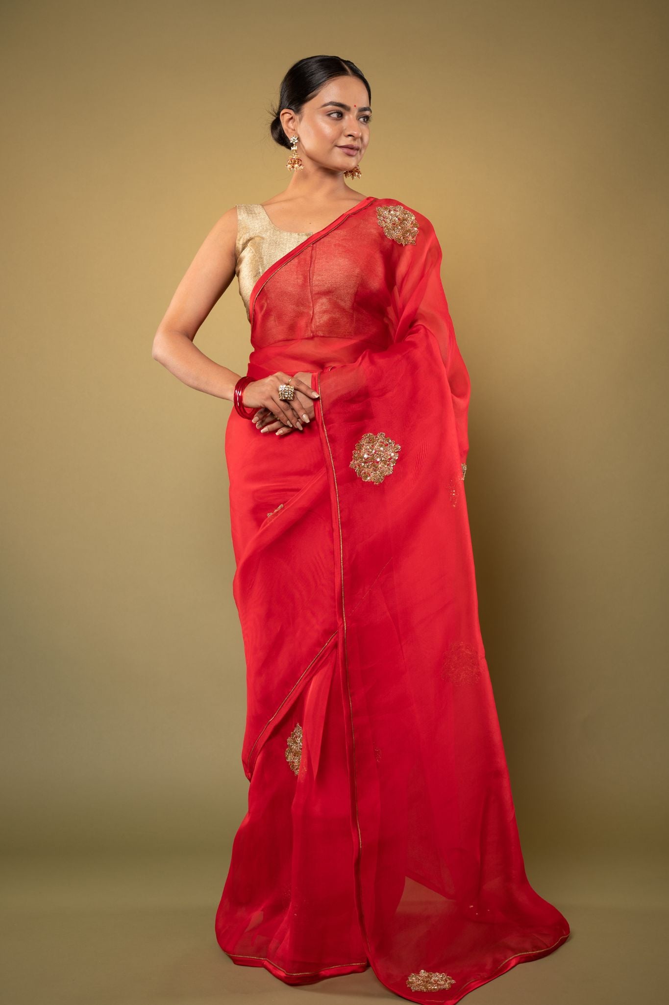 Red pure organza zardozi motif handwork saree