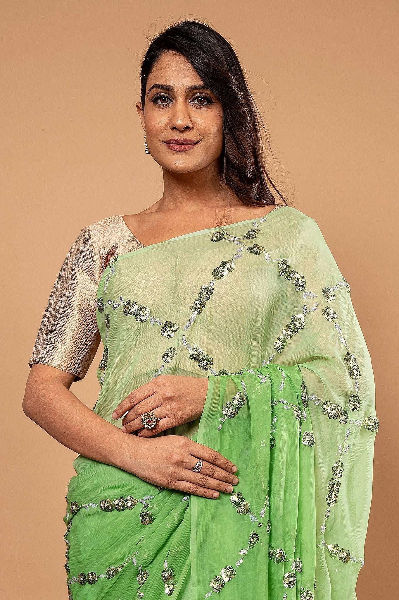 parrot green light dark pure chiffon sequins  jaal handwork saree