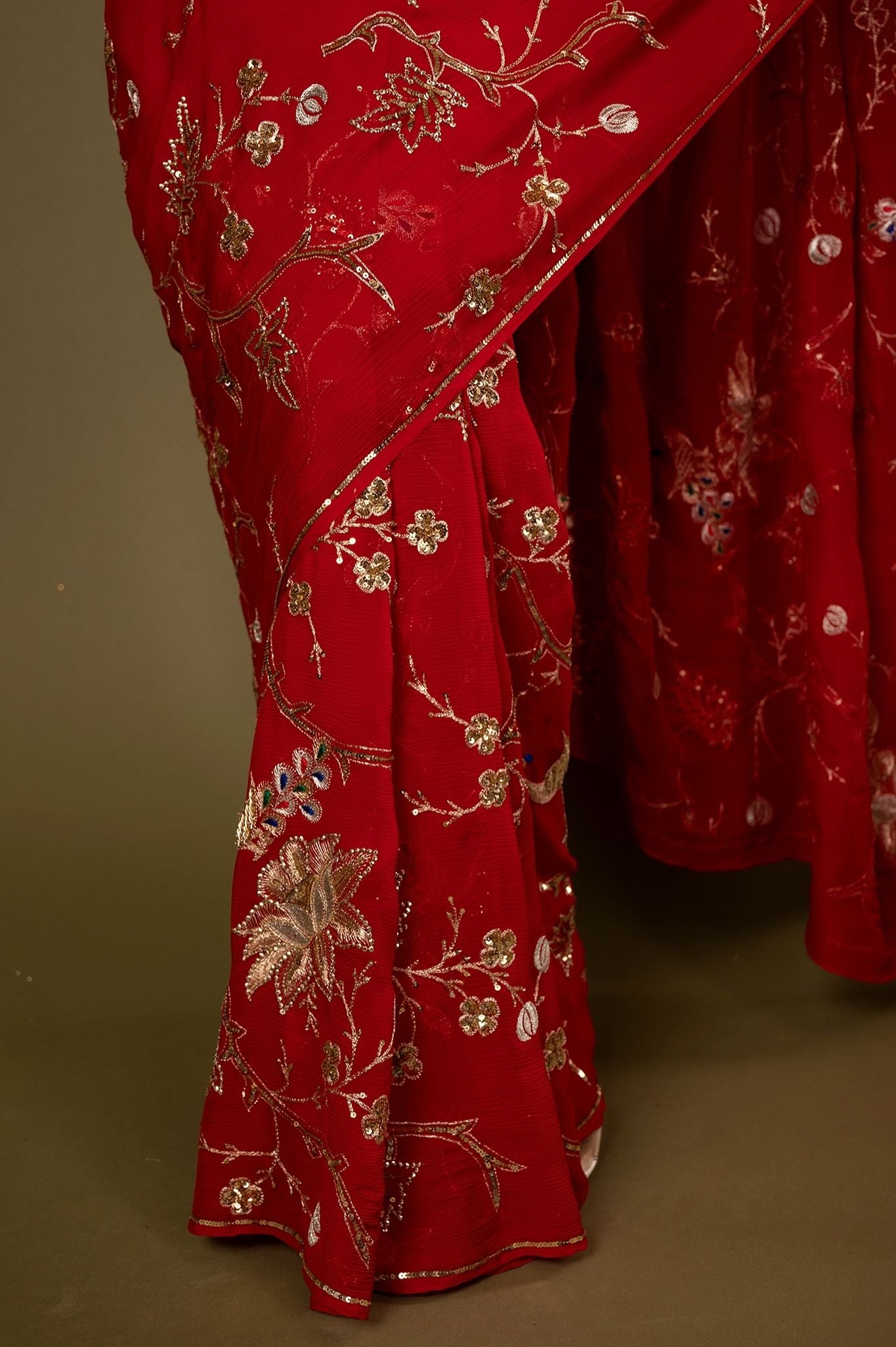 red pure chiffon aari sequins  jaal handwork saree