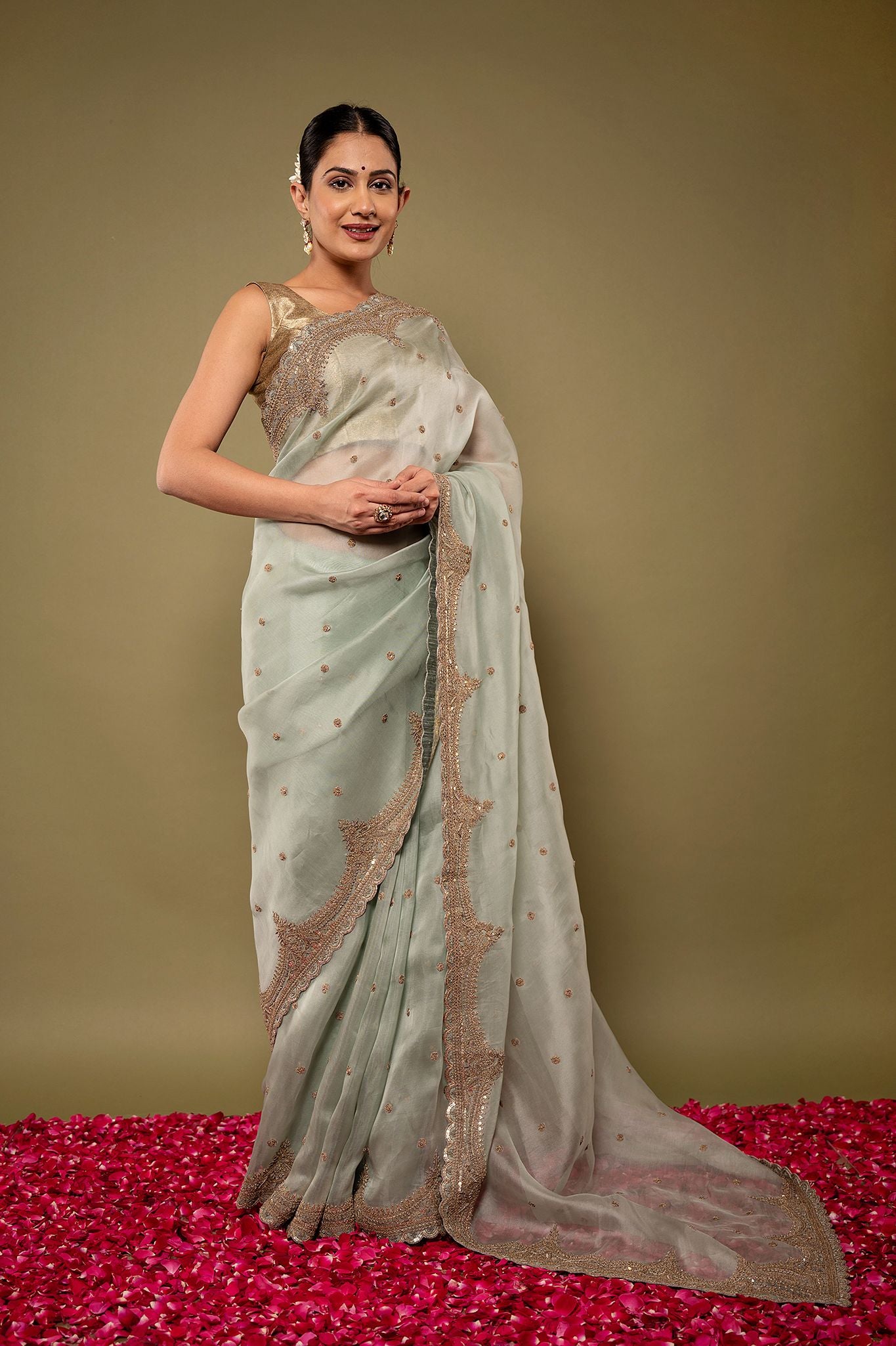 Greyish Green pure organza Dapka Marodi Border Butti  handwork saree