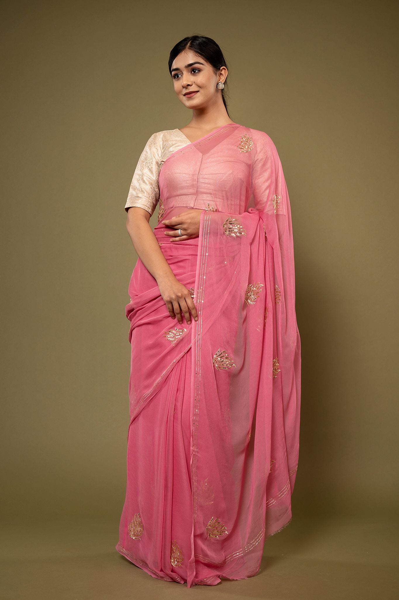 Pink viscose chiffon aari sequins motif handwork casual wear saree