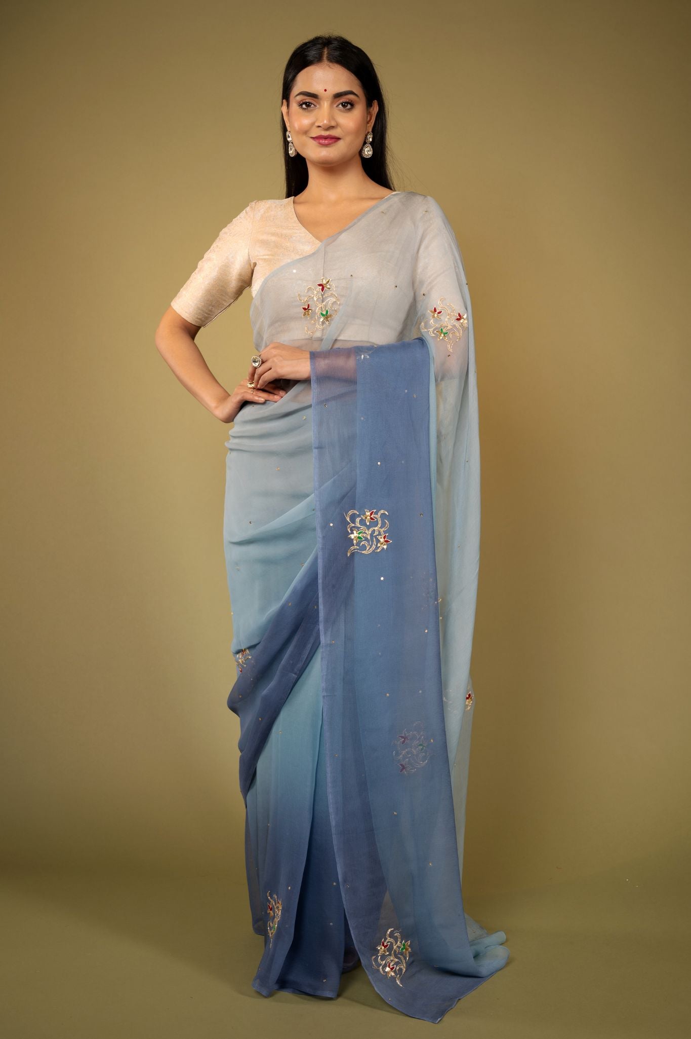 Grey light dark viscose chiffon aari sequins  handwork casual wear saree