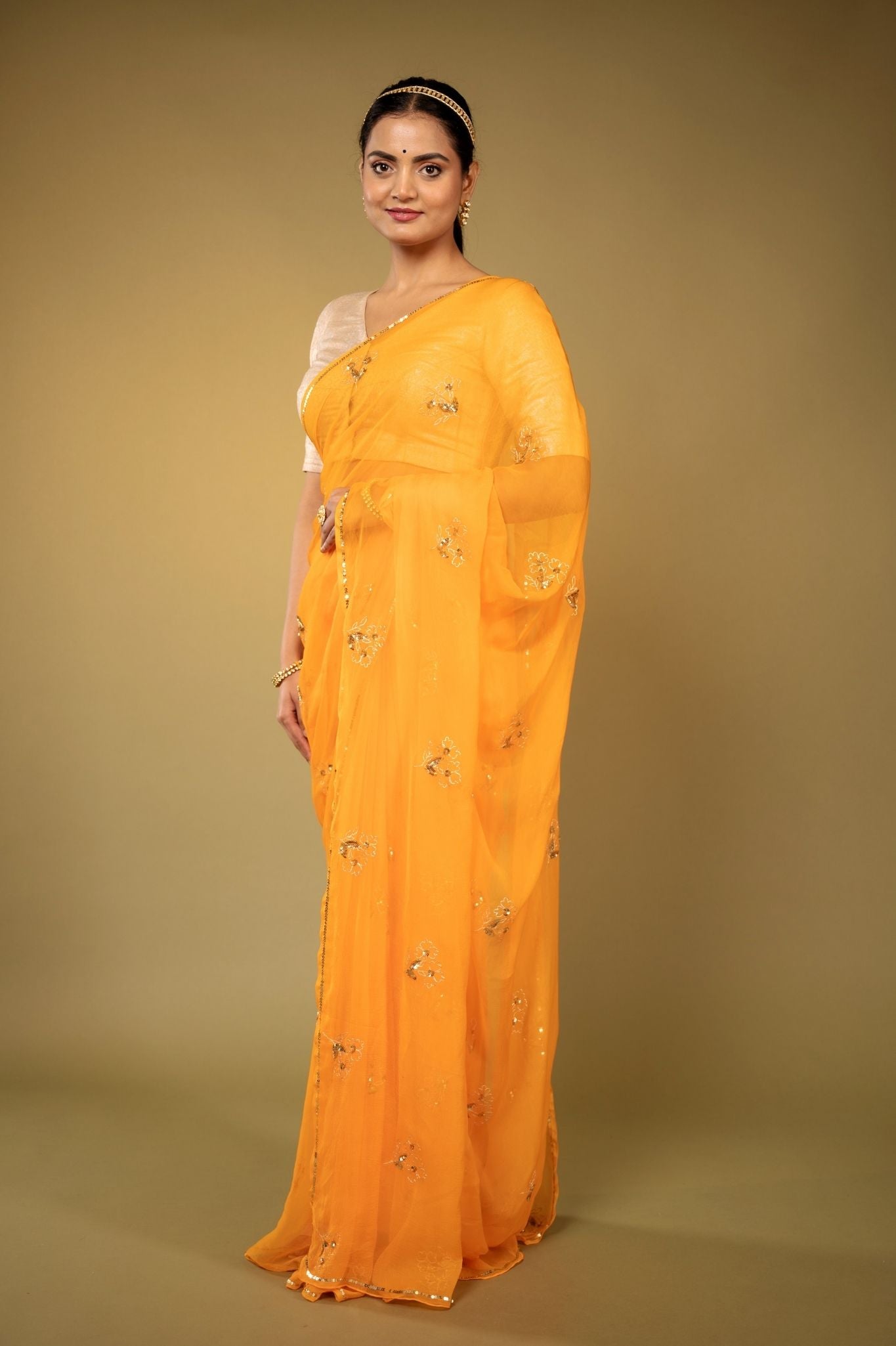 pastel orange viscose chiffon aari sequins  handwork saree