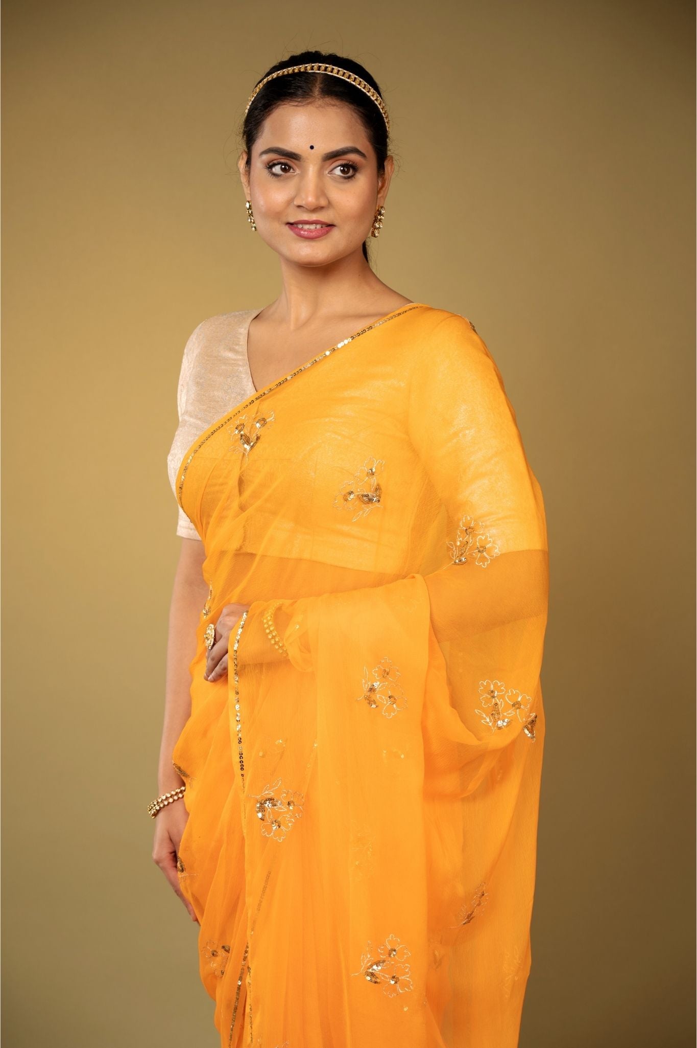 pastel orange viscose chiffon aari sequins  handwork saree