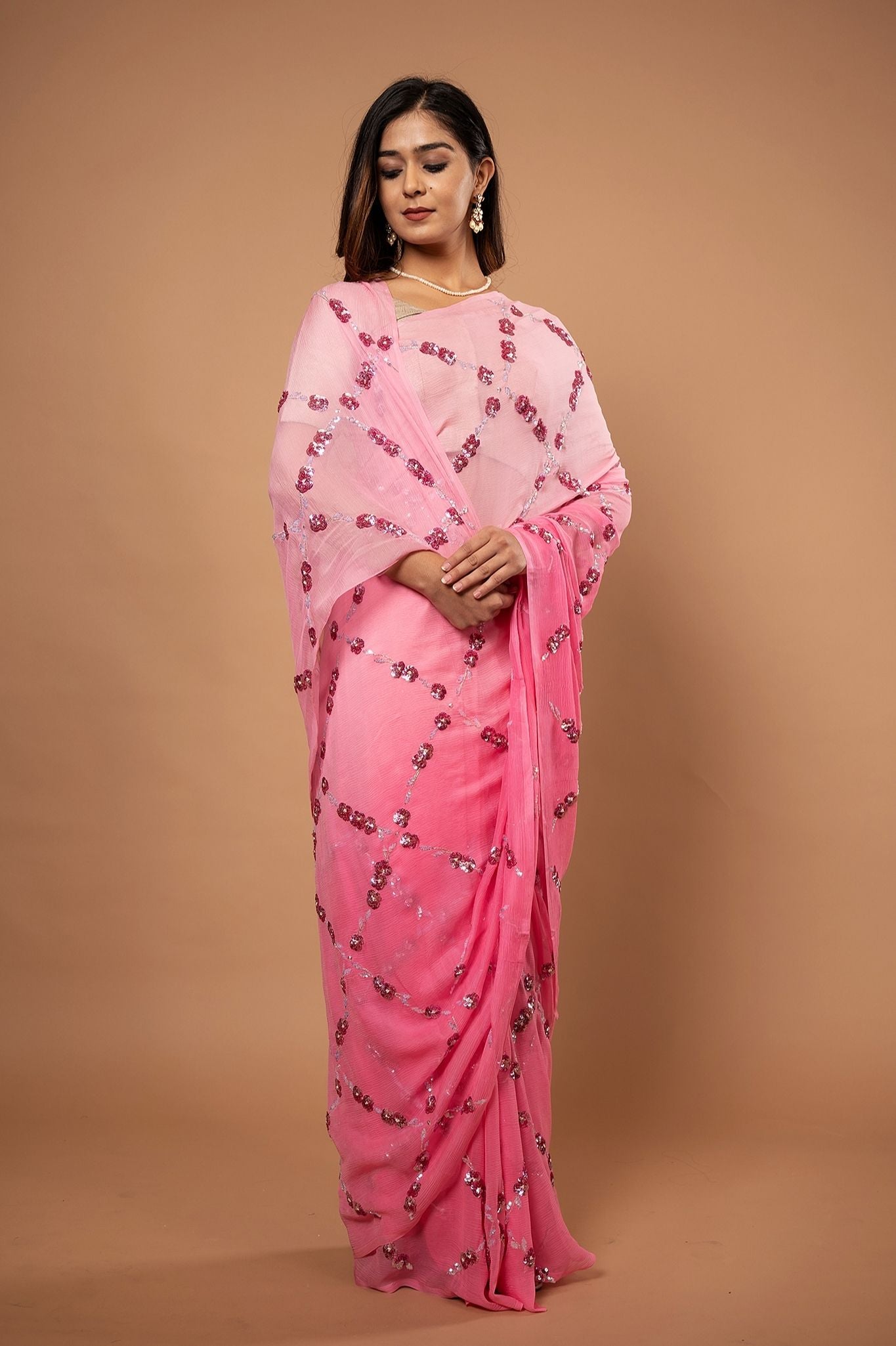 Pink light dark pure chiffon sequins  jaal handwork saree