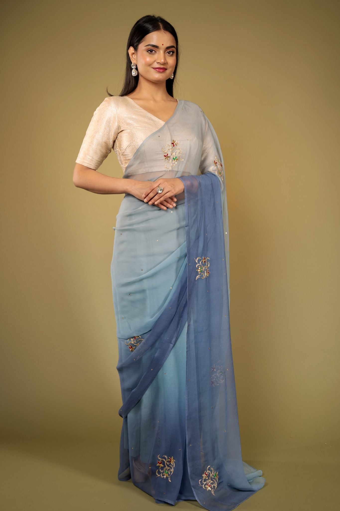 Grey light dark viscose chiffon aari sequins  handwork casual wear saree