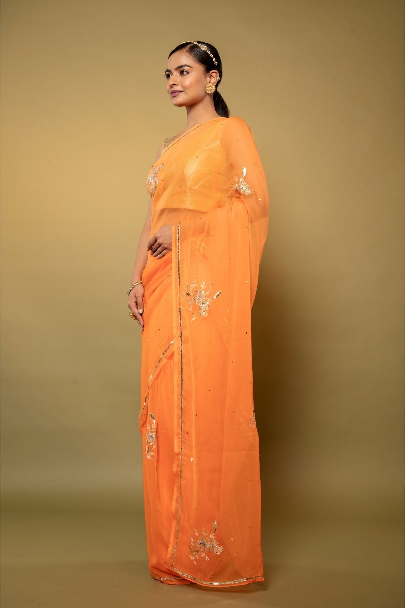 Peach viscose chiffon aari sequins  motif handwork casual wear saree