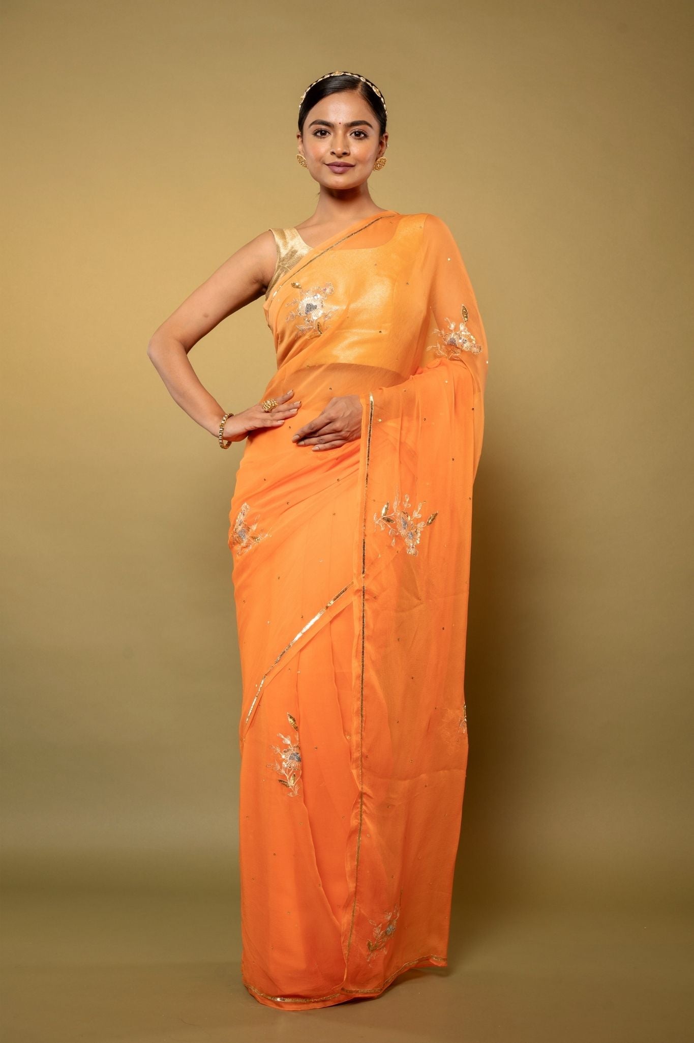 Peach viscose chiffon aari sequins  motif handwork casual wear saree