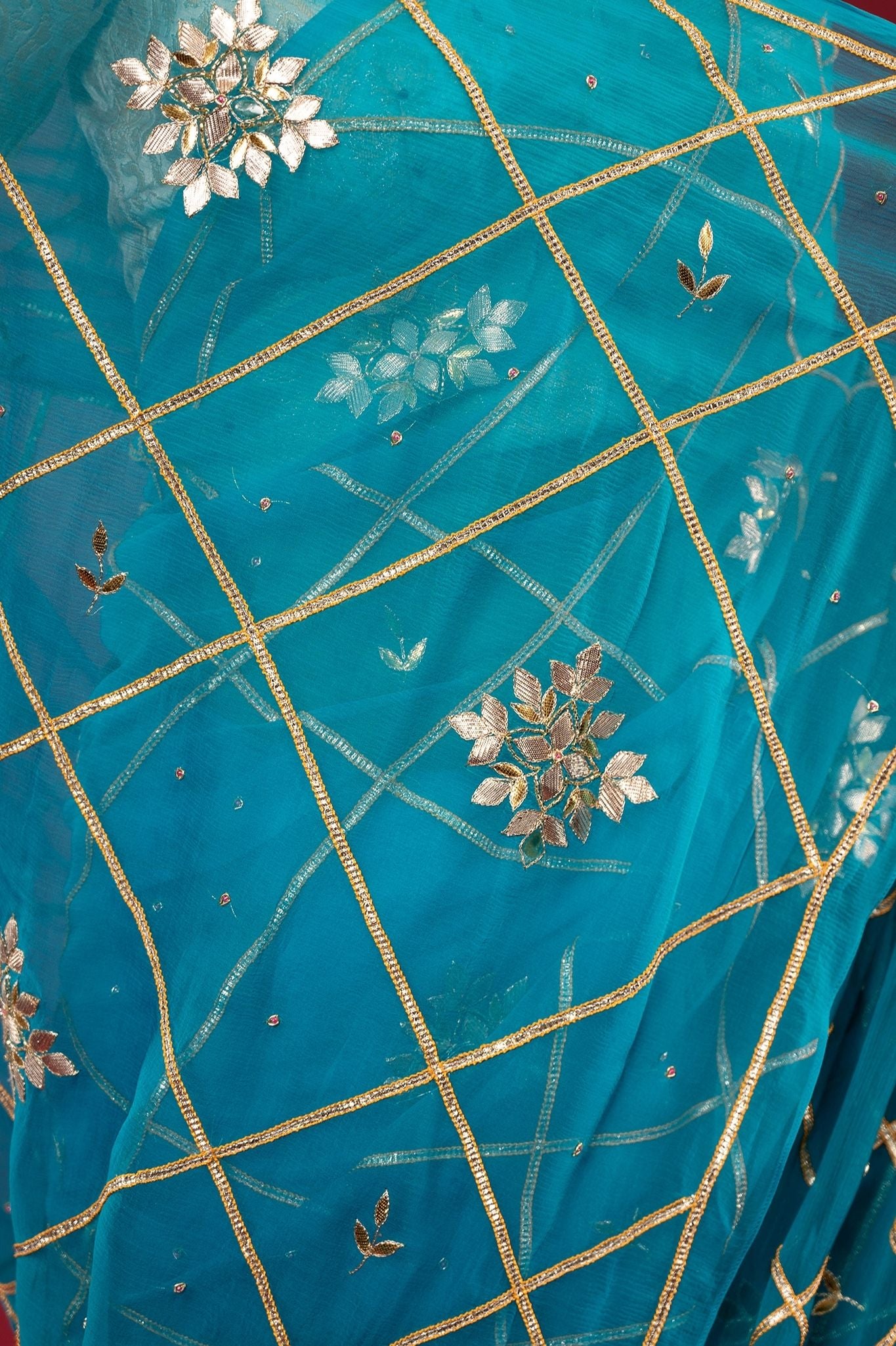 Rama light dark Viscose Chiffon Sikhiya gota mohri pati handwork party wear saree