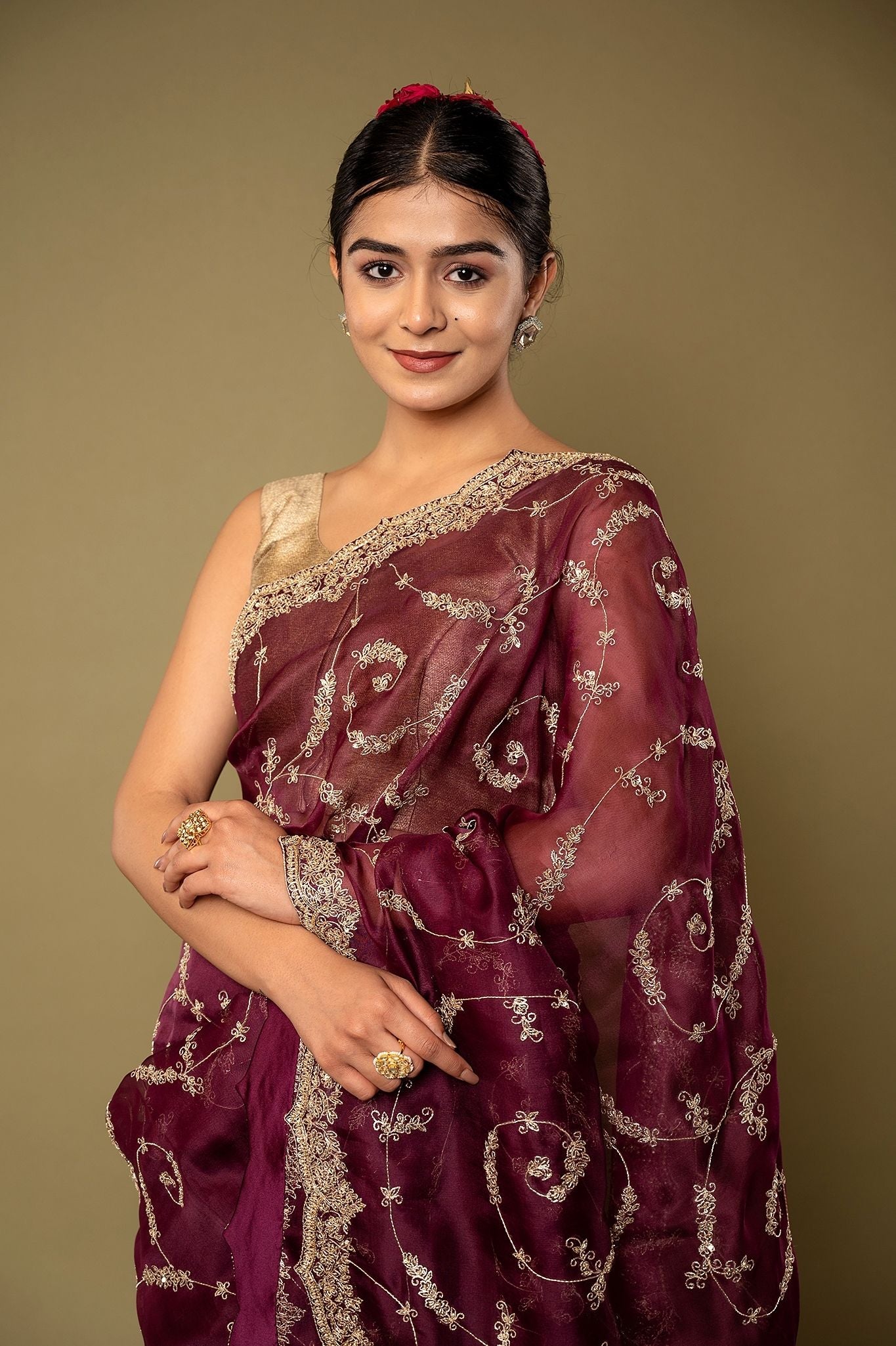 Wine pure organza Dapka Marodi Zardozi Border Jaal handwork saree