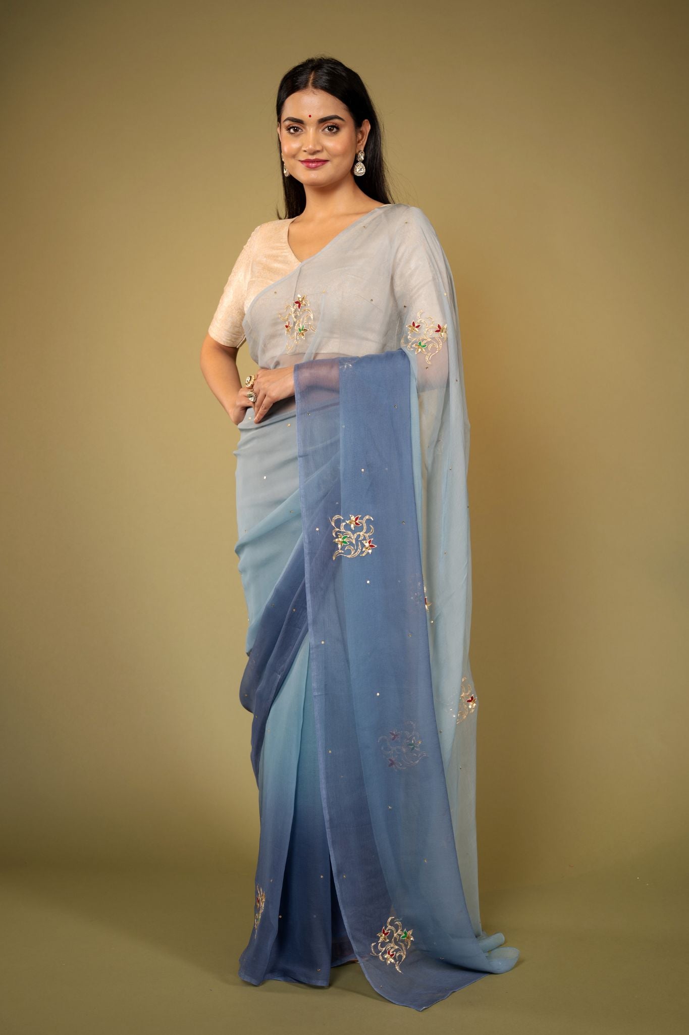 Grey light dark viscose chiffon aari sequins  handwork casual wear saree