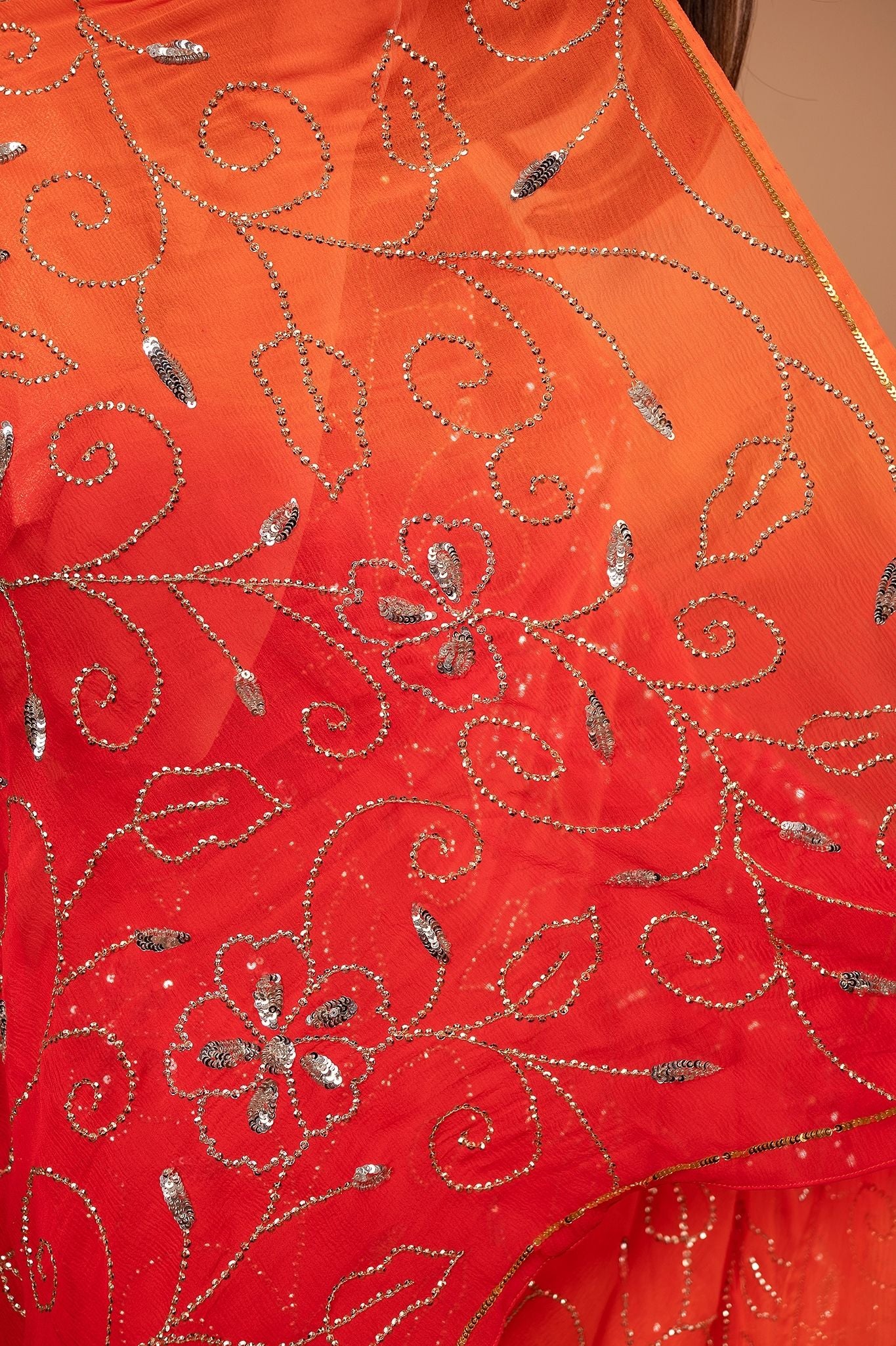 Orange light dark pure chiffon sequins jaal handwork saree