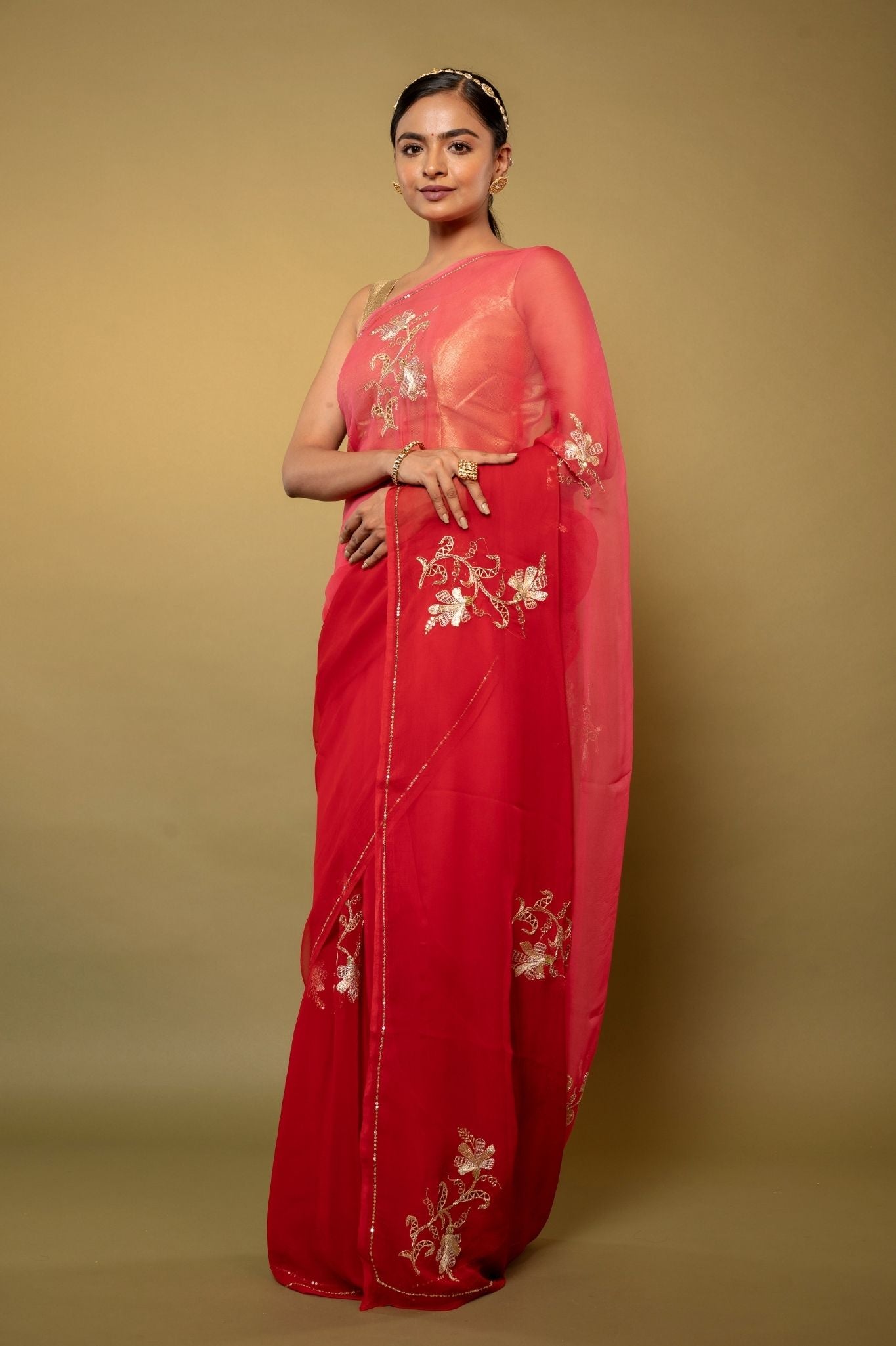 Warm Red viscose chiffon aari sequins  cut work motif handwork casual wear saree