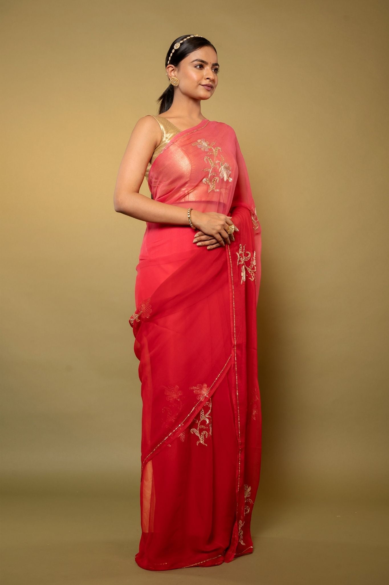 Warm Red viscose chiffon aari sequins  cut work motif handwork casual wear saree