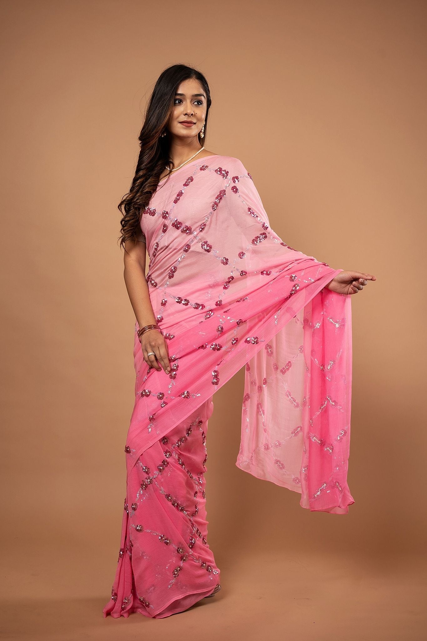 Pink light dark pure chiffon sequins  jaal handwork saree