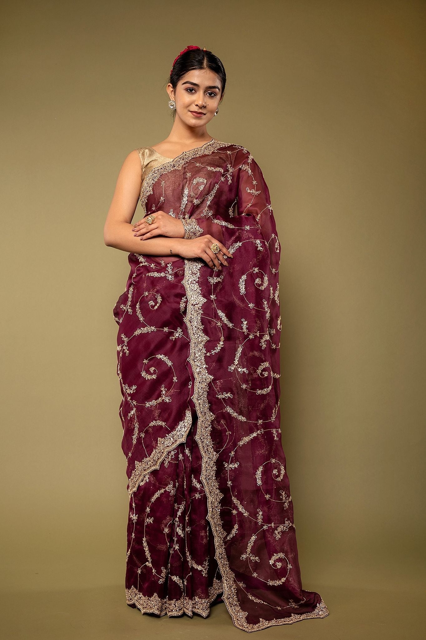 Wine pure organza Dapka Marodi Zardozi Border Jaal handwork saree