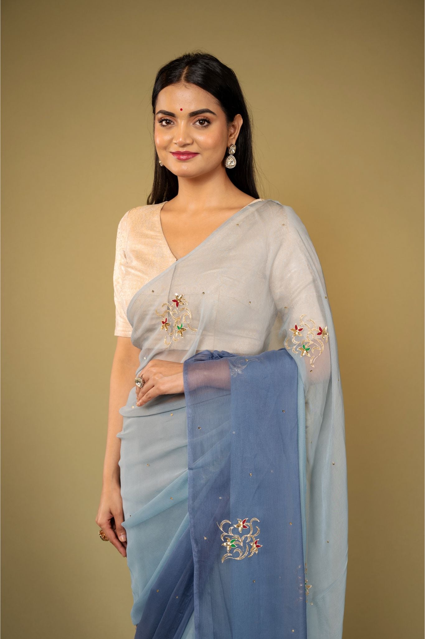 Grey light dark viscose chiffon aari sequins  handwork casual wear saree