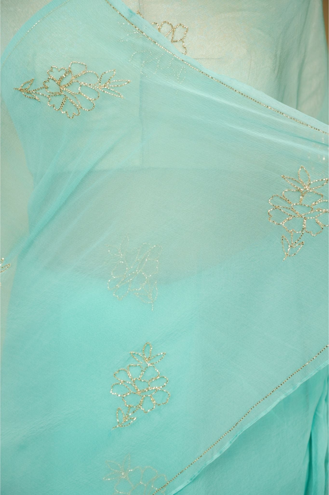 sky blue viscose chiffon kardana motif handwork casual wear saree