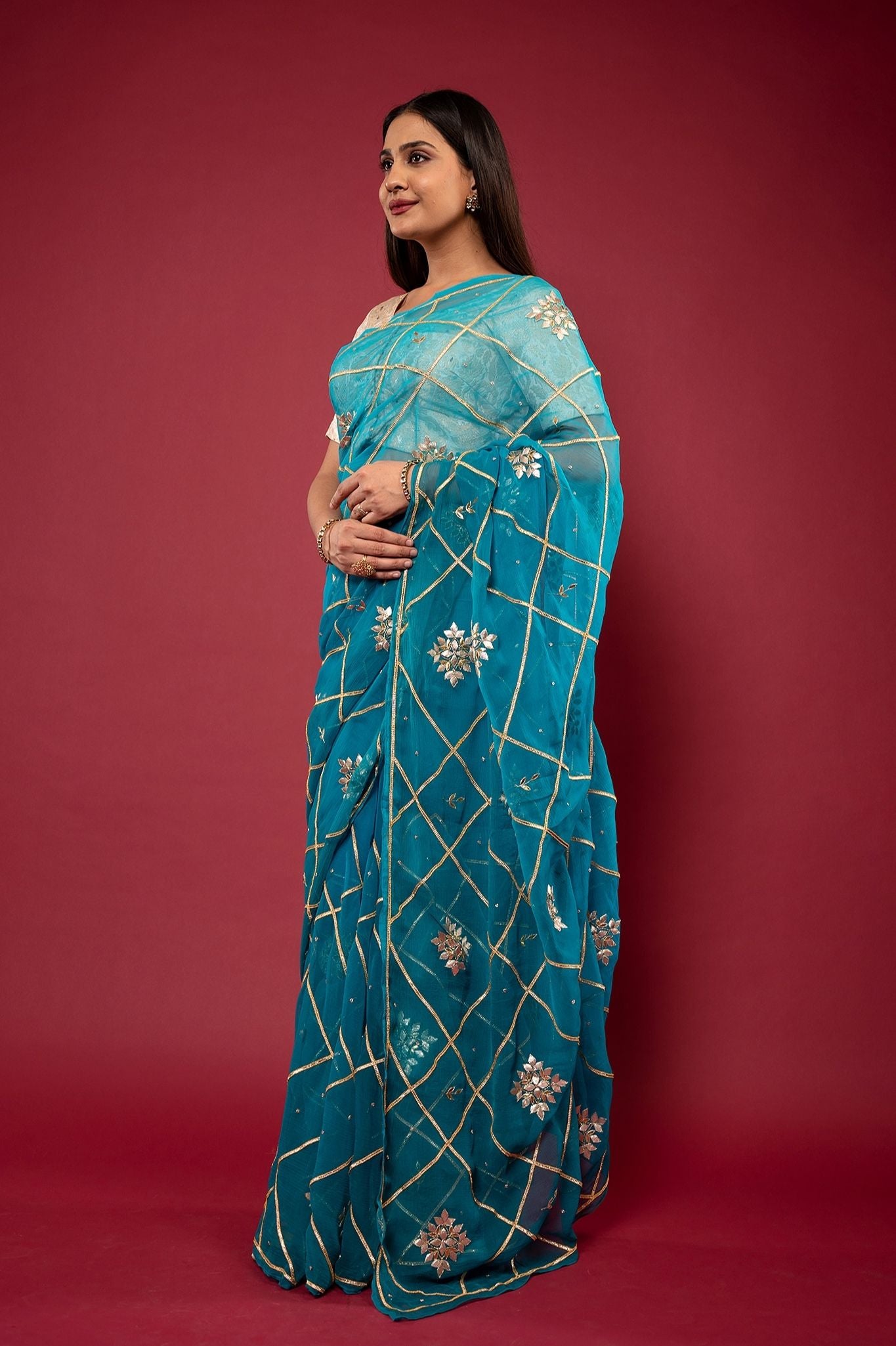 Rama light dark Viscose Chiffon Sikhiya gota mohri pati handwork party wear saree