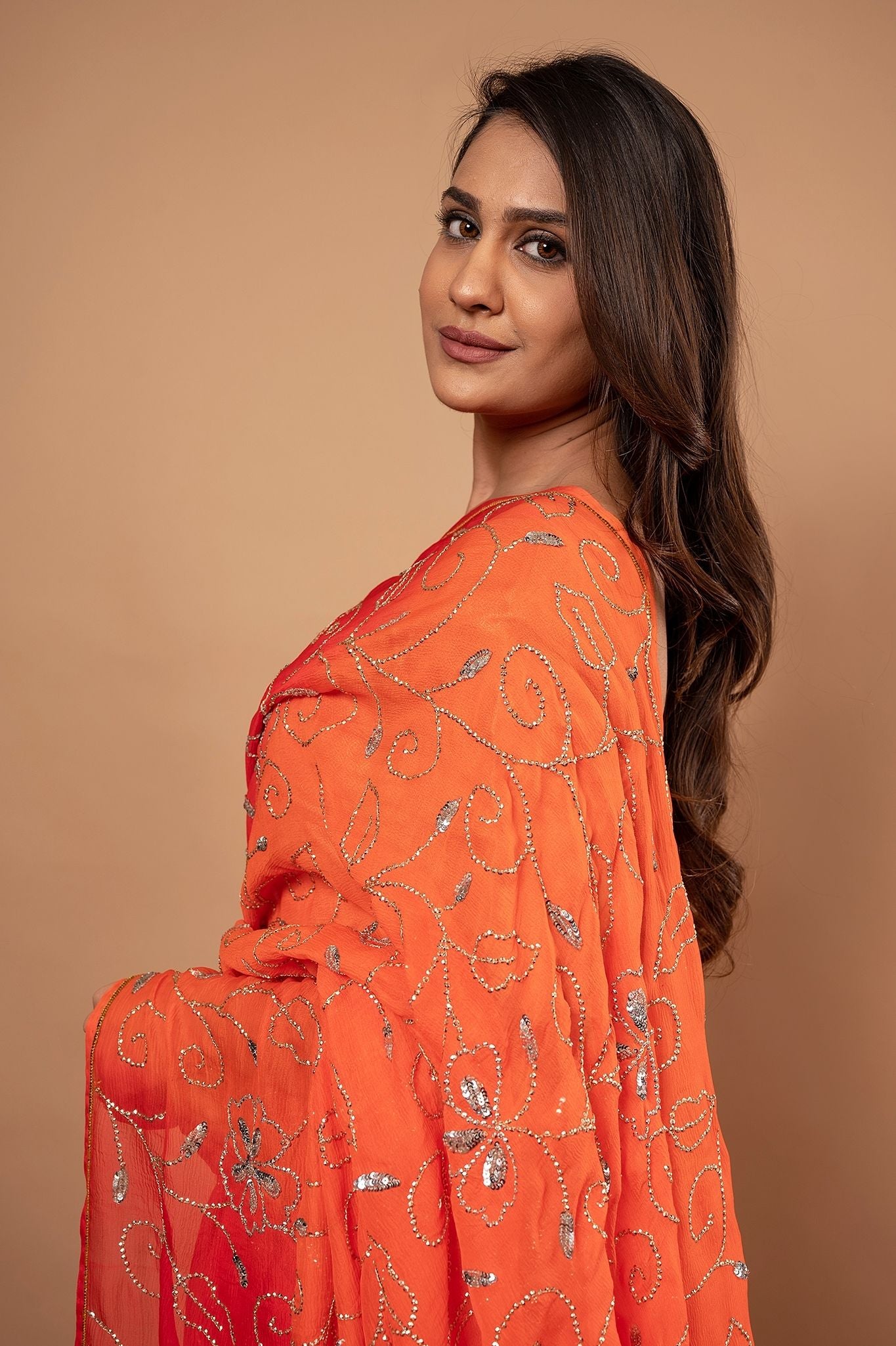 Orange light dark pure chiffon sequins jaal handwork saree