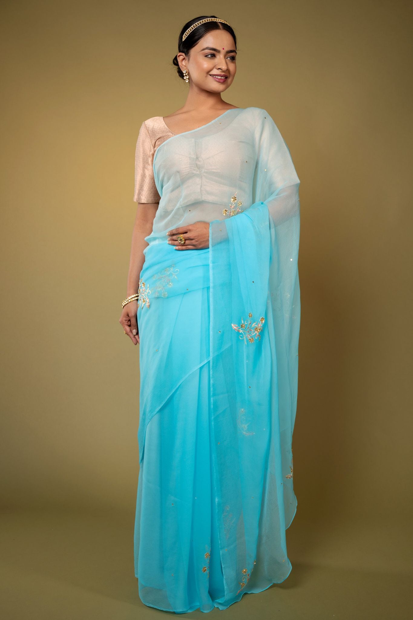 Sky blue viscose chiffon aari sequins  handwork casual wear saree
