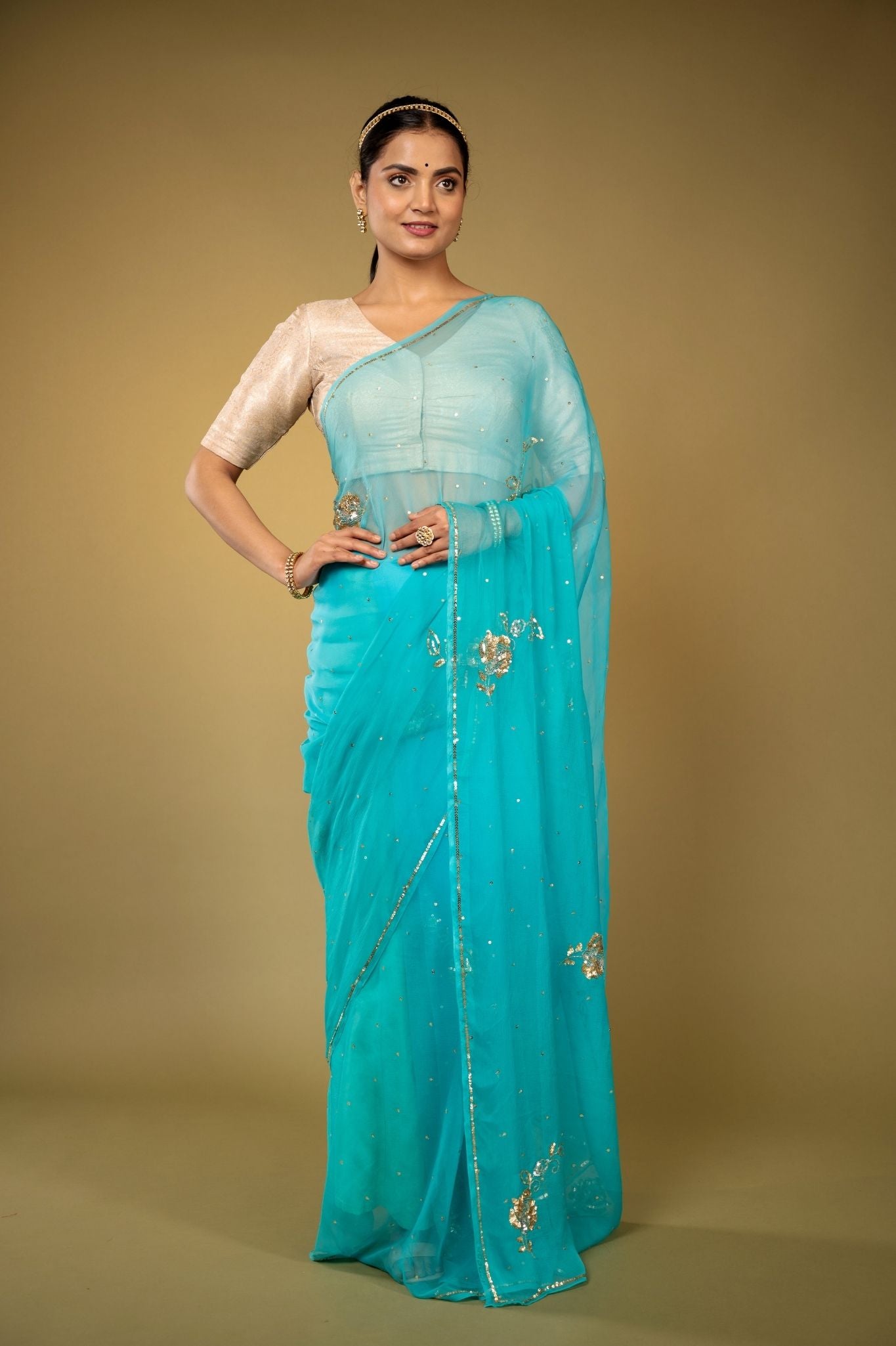 Skyblue viscose chiffon sequins  kardana motif handwork casual wear saree