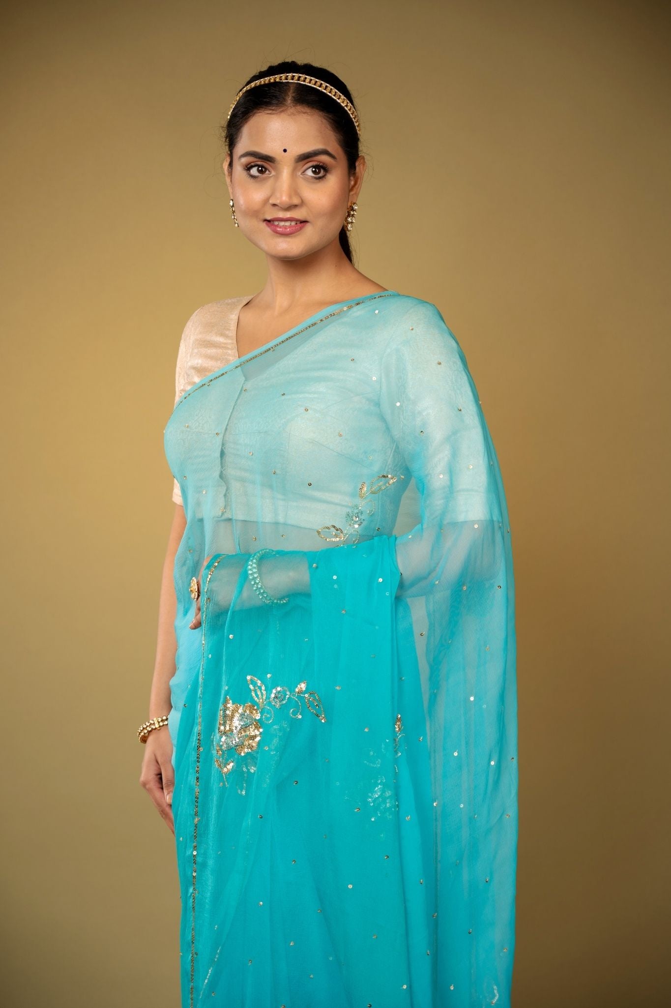 Skyblue viscose chiffon sequins  kardana motif handwork casual wear saree