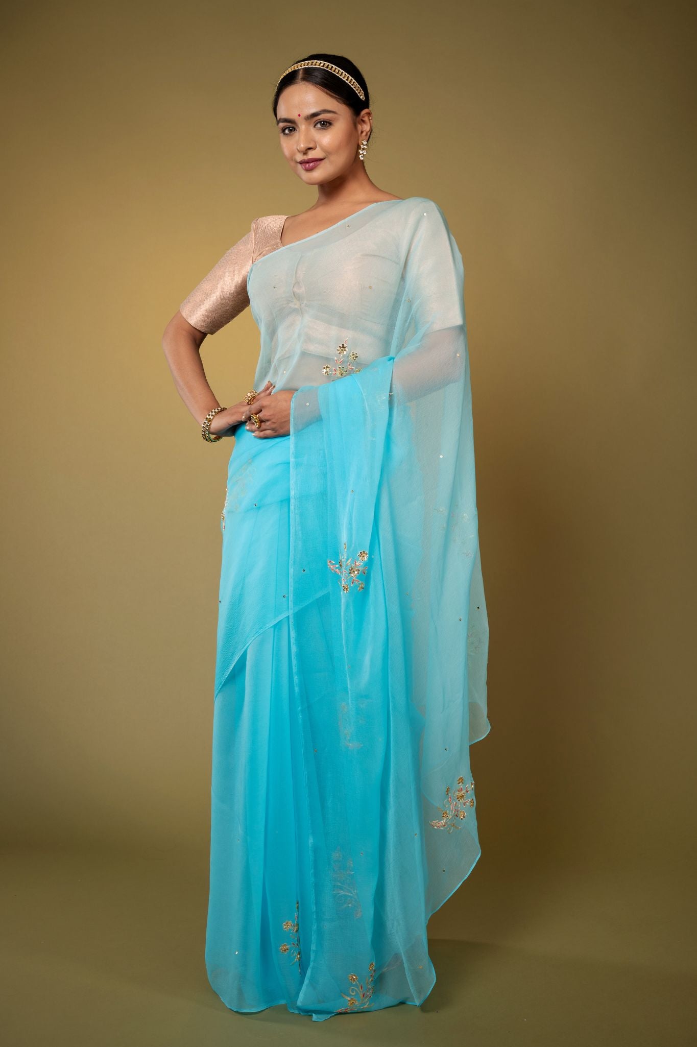 Sky blue viscose chiffon aari sequins  handwork casual wear saree