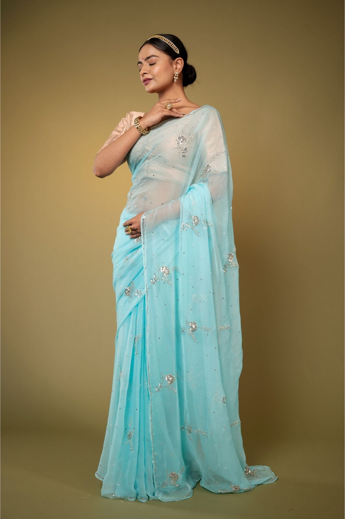 Sky blue  viscose chiffon sequins  motif  handwork casual wear saree