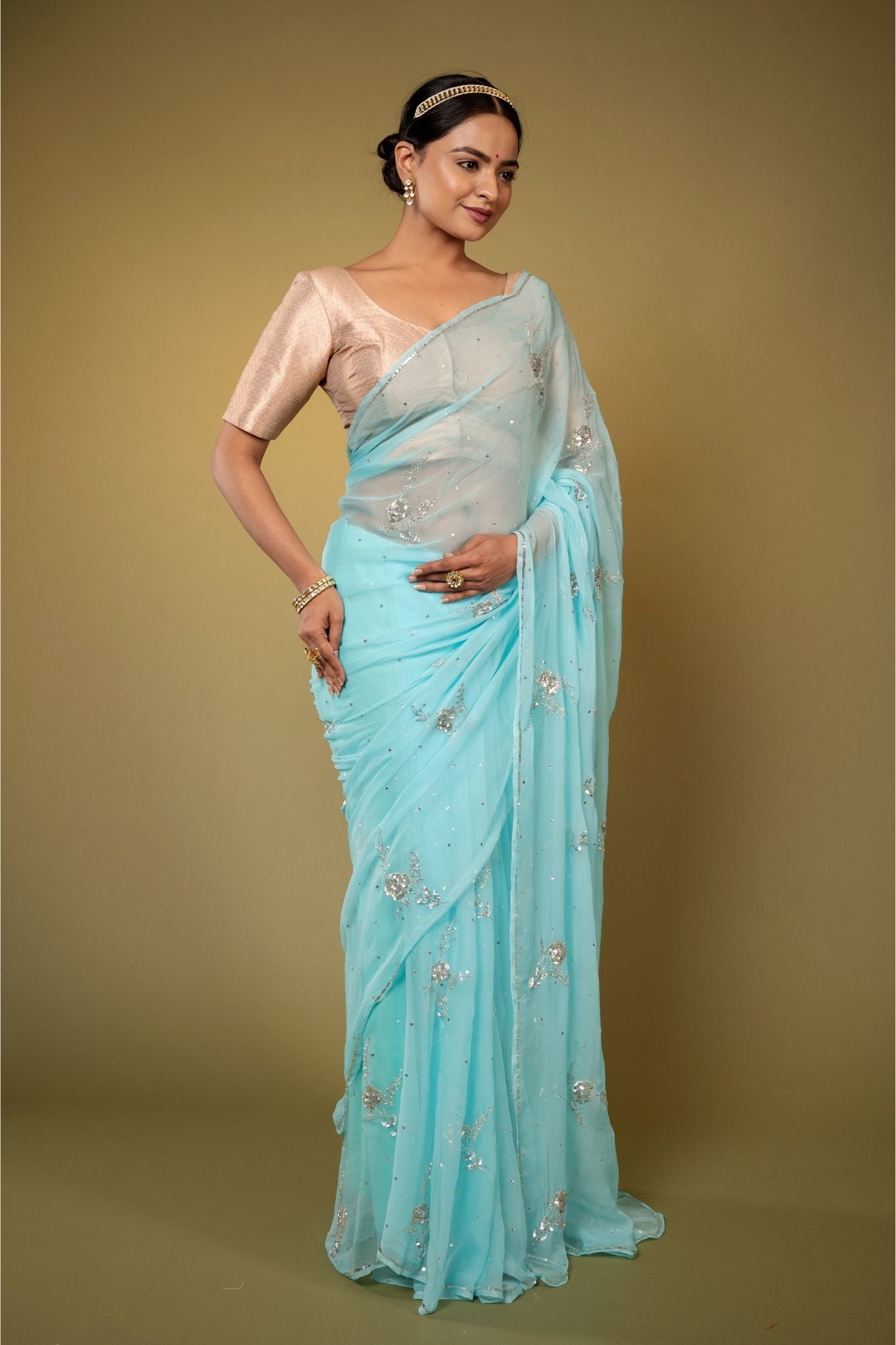 Sky blue  viscose chiffon sequins  motif  handwork casual wear saree