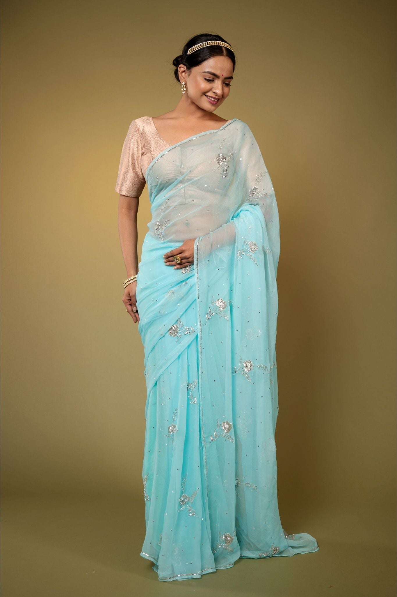 Sky blue  viscose chiffon sequins  motif  handwork casual wear saree