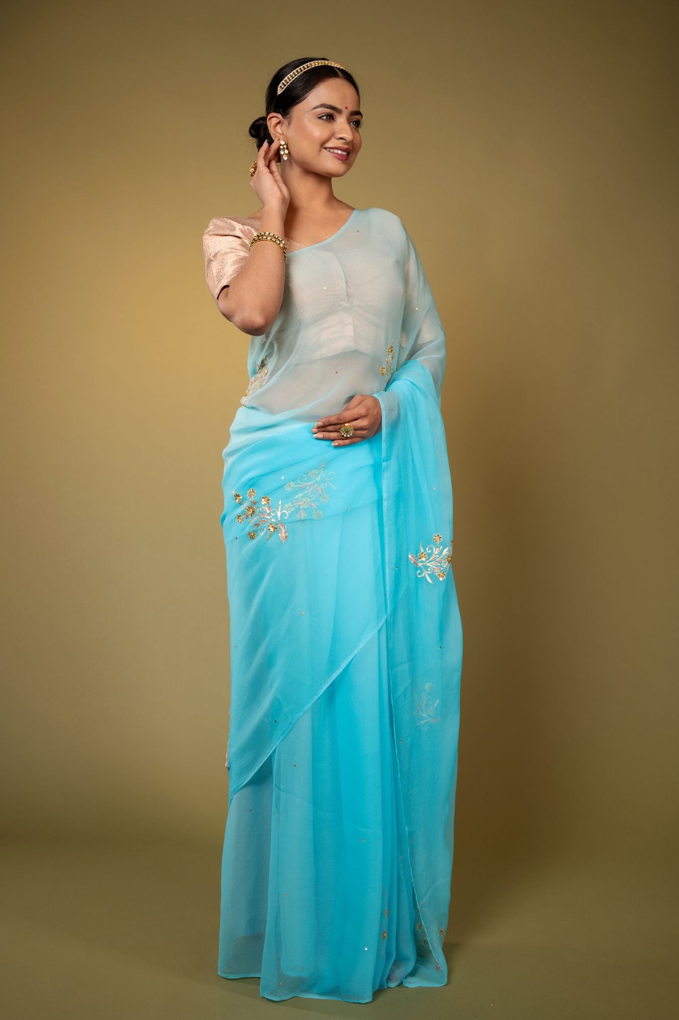 Sky blue viscose chiffon aari sequins  handwork casual wear saree