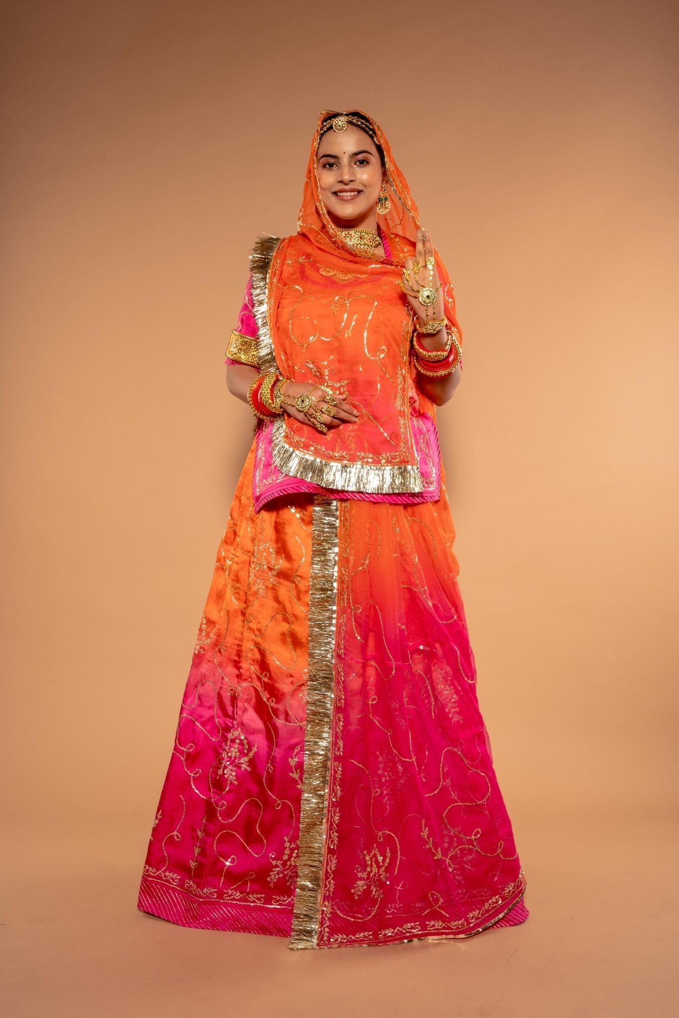 rani orange bamber satin aari sequins handwork poshak with pure odhna