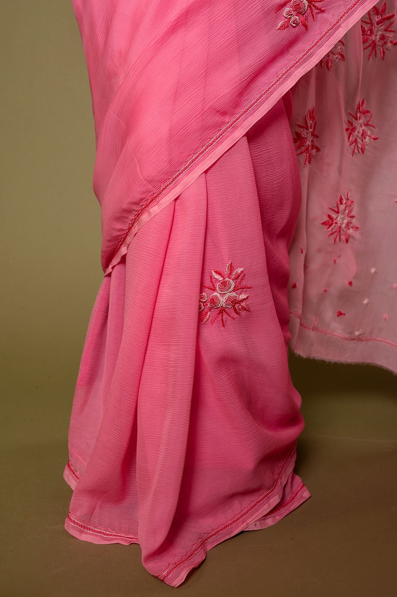 Pink light dark Pure Chiffon Resham Embroidery motif handwork saree