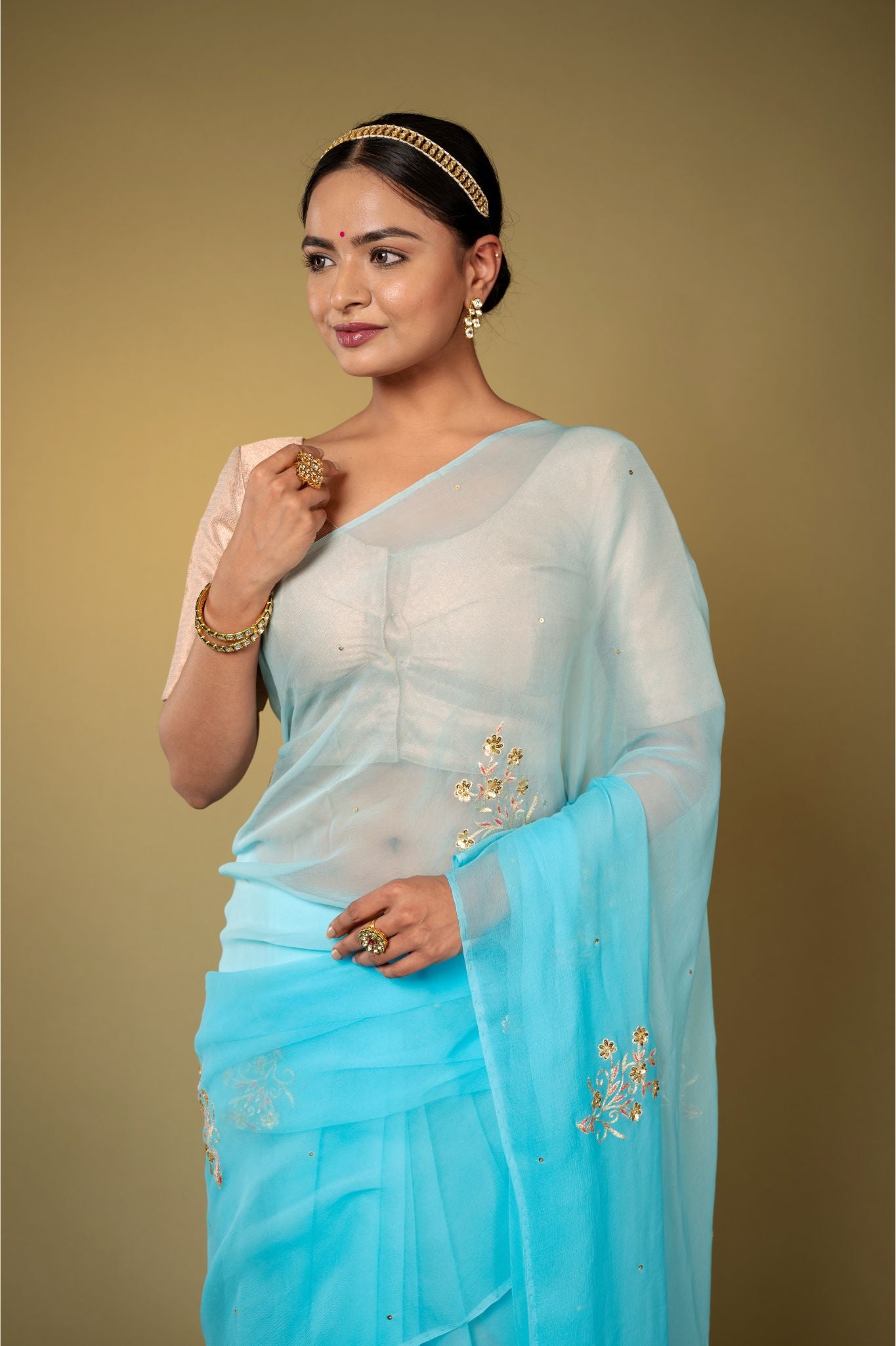 Sky blue viscose chiffon aari sequins  handwork casual wear saree