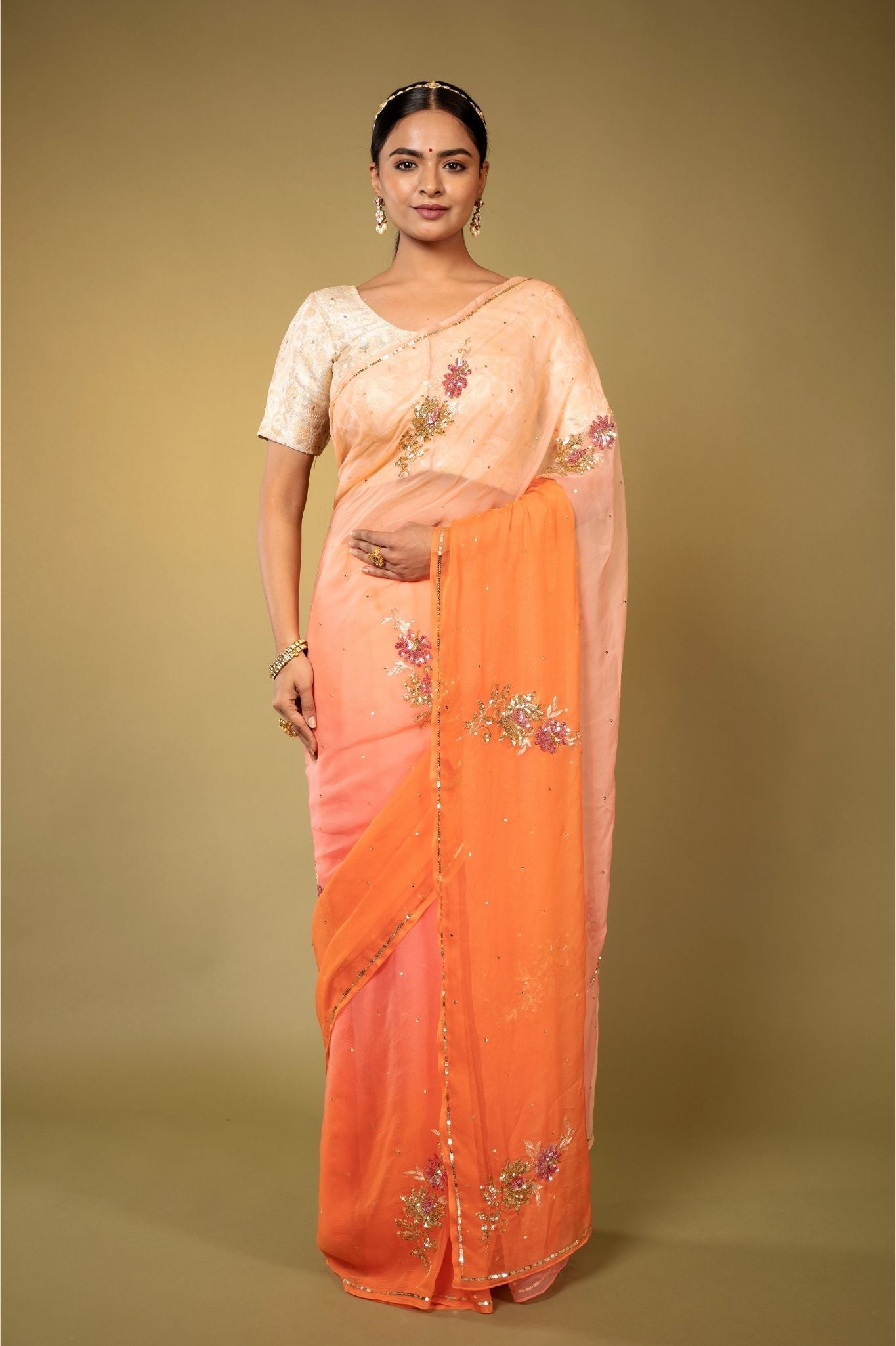 Peach light dark Viscose Chiffon aari sequins  motif handwork casual wear saree