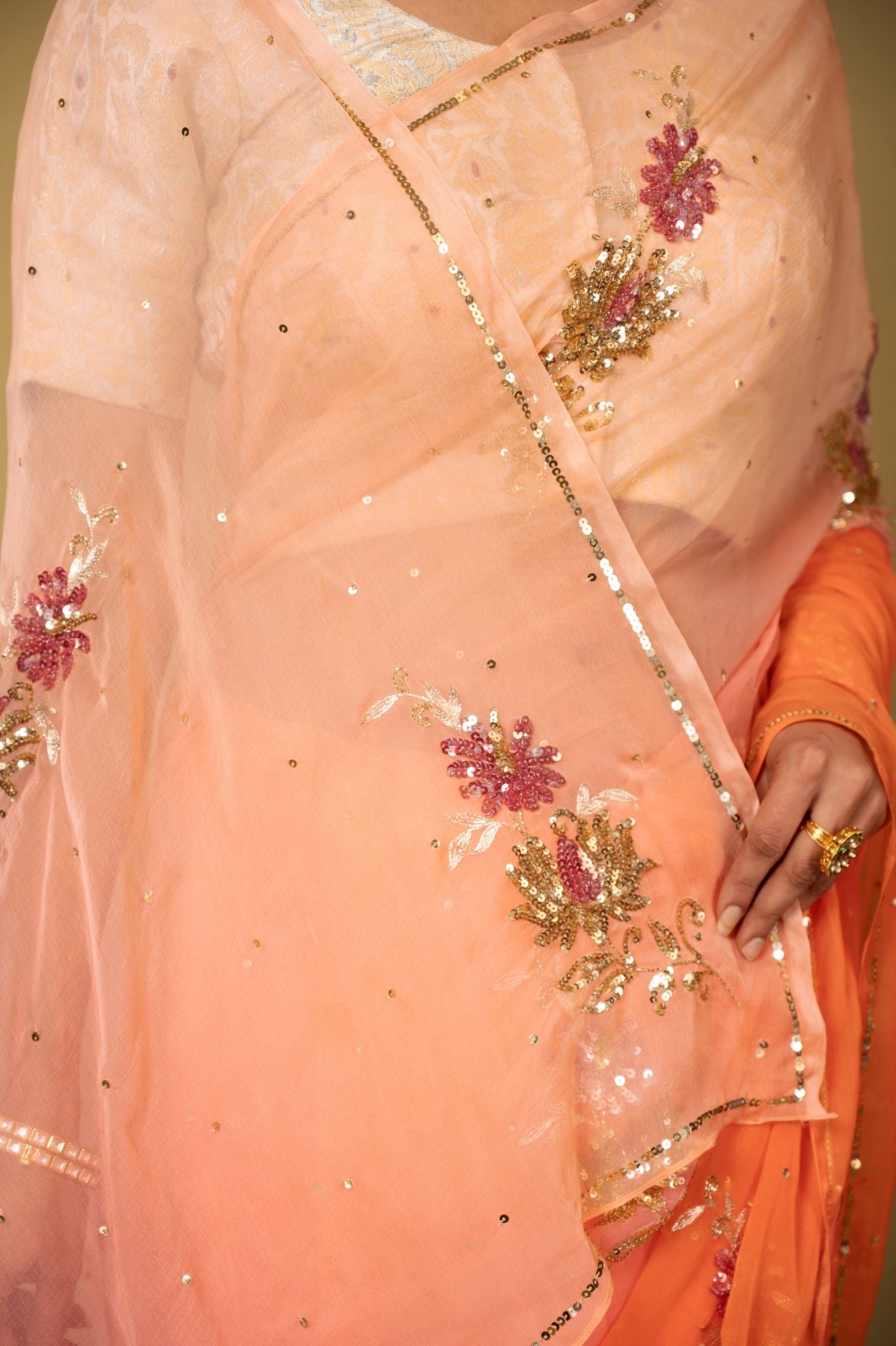 Peach light dark Viscose Chiffon aari sequins  motif handwork casual wear saree