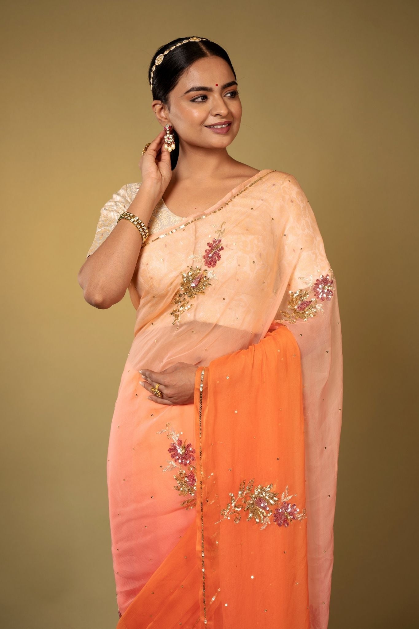 Peach light dark Viscose Chiffon aari sequins  motif handwork casual wear saree