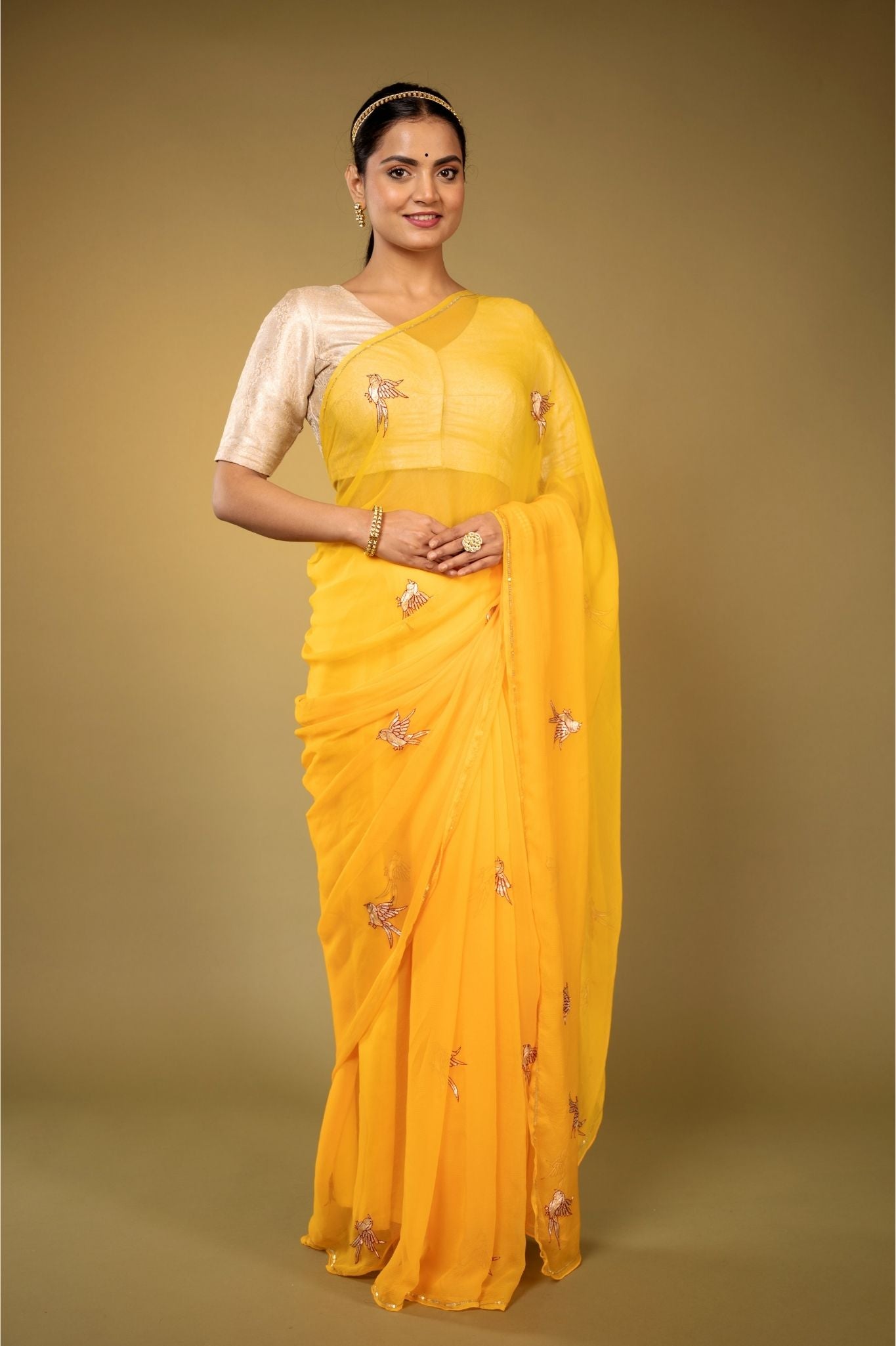 Yellow Viscose Chiffon aari resham motif handwork casual wear saree