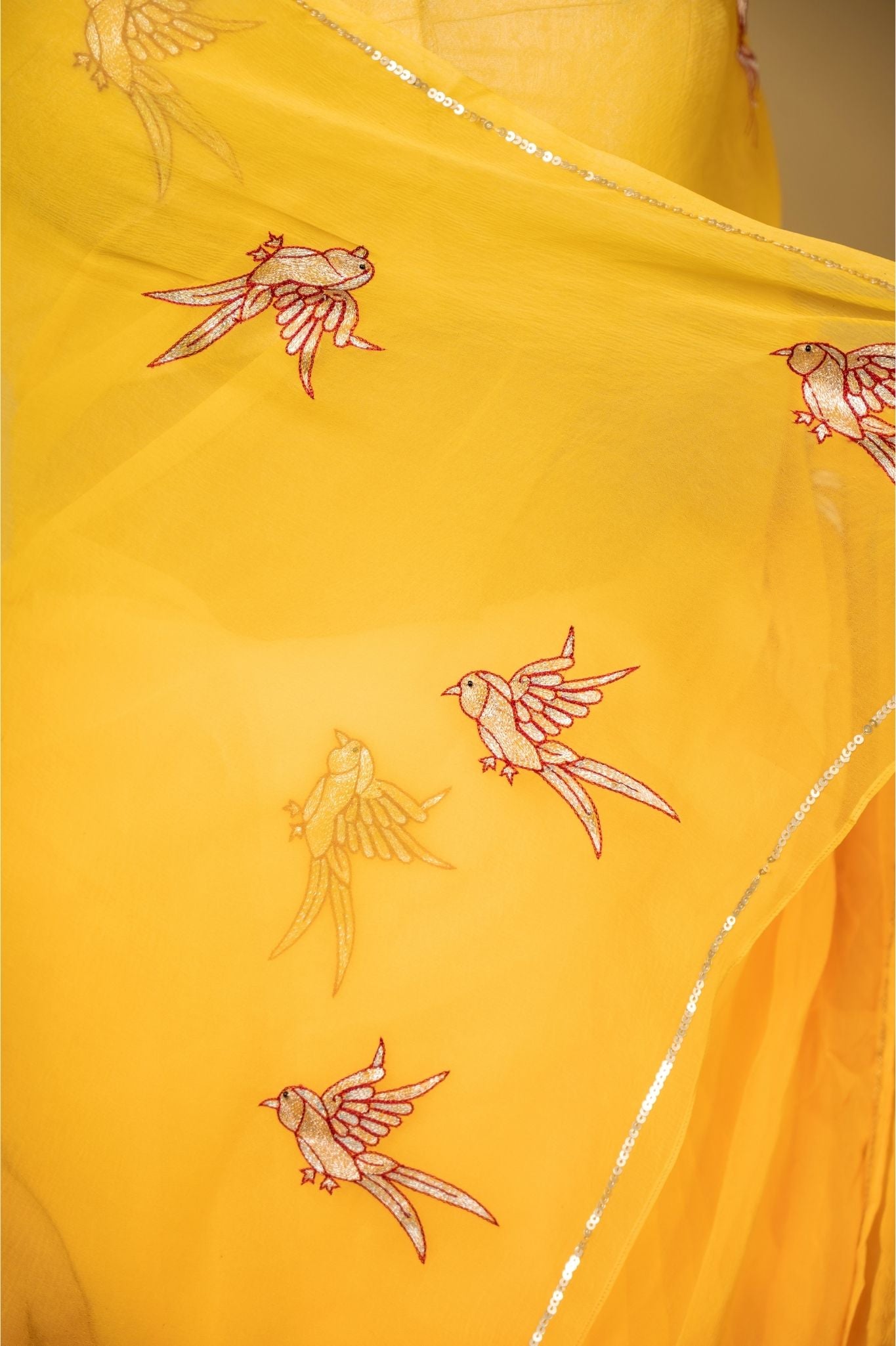 Yellow Viscose Chiffon aari resham motif handwork casual wear saree