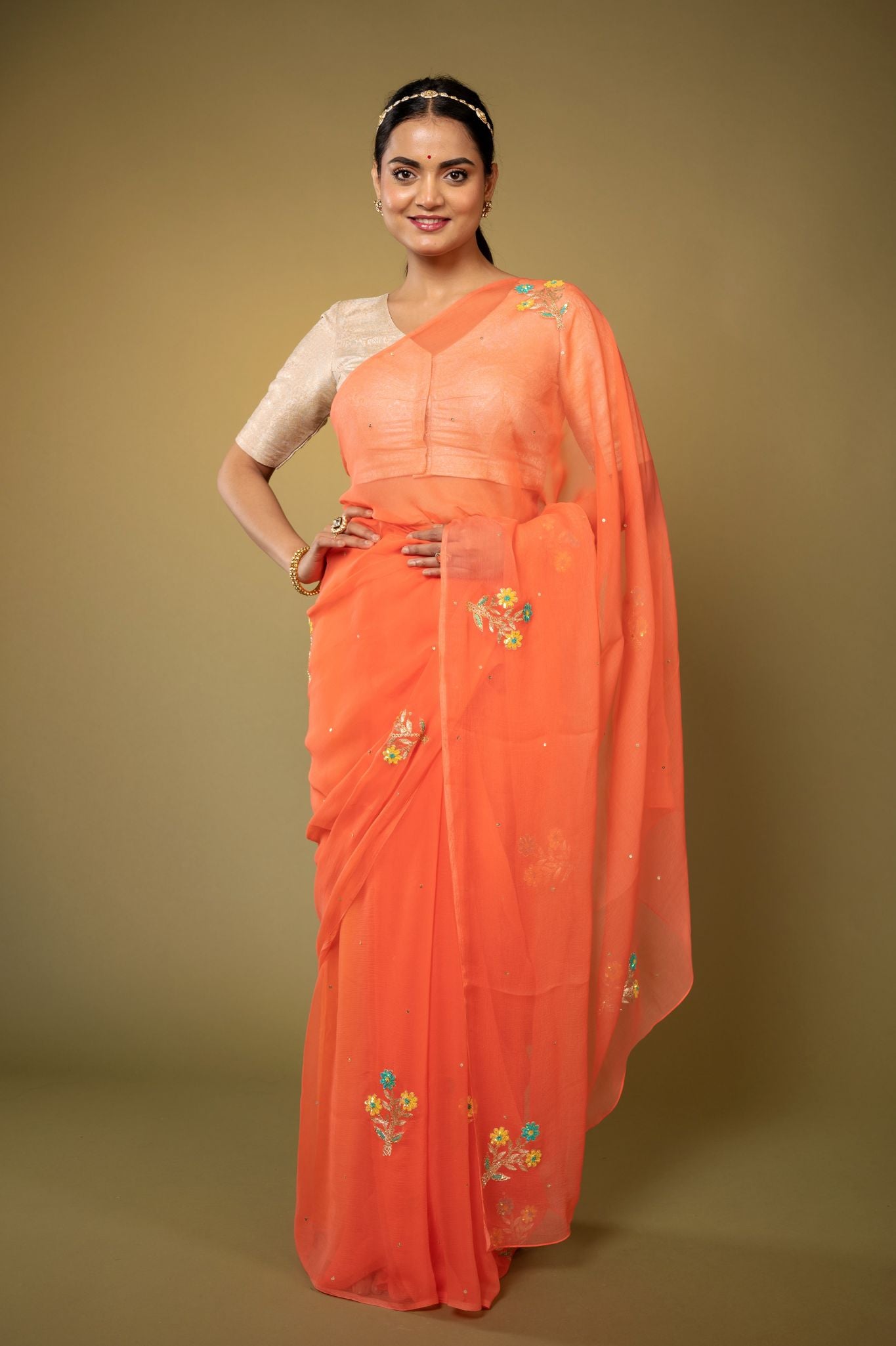 Peach viscose chiffon aari sequins  handwork casual wear saree