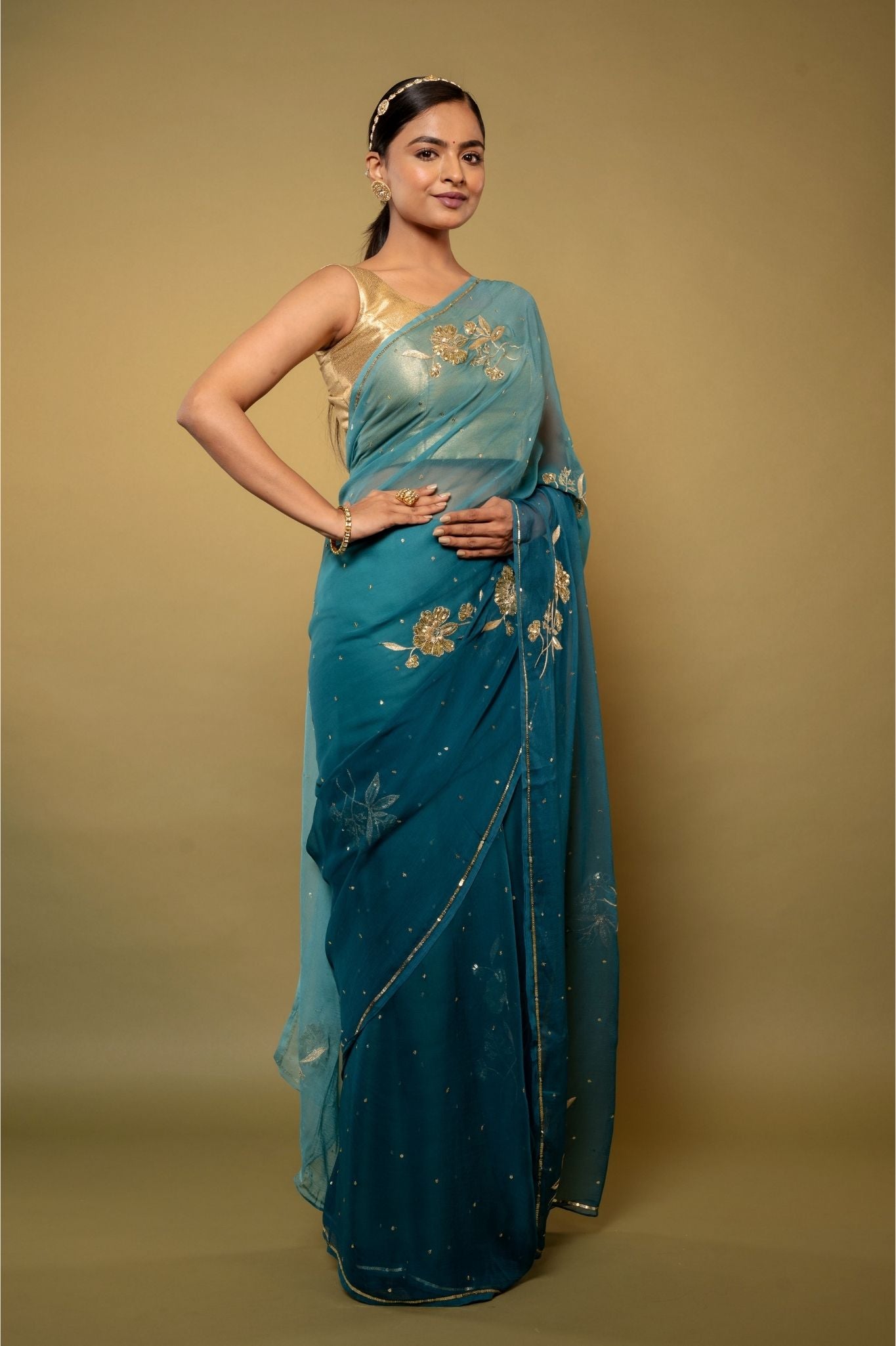 Rama blue light dark Viscose Chiffon aari sequins  motif handwork casual wear saree