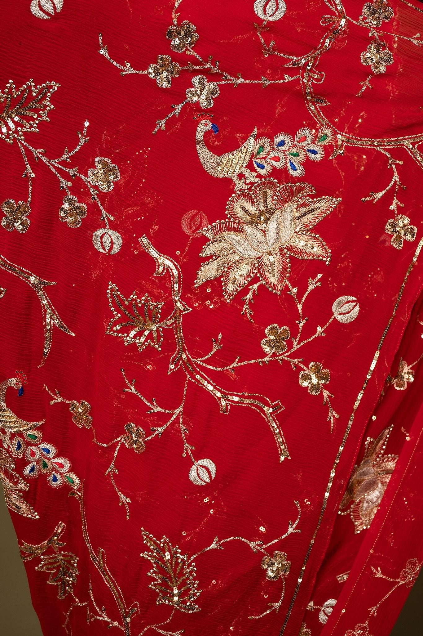 red pure chiffon aari sequins  jaal handwork saree