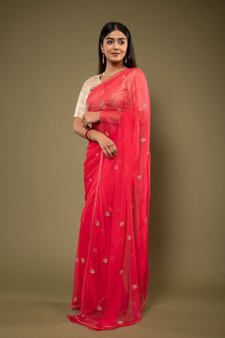 Red Viscose Chiffon Kardhana work Saree